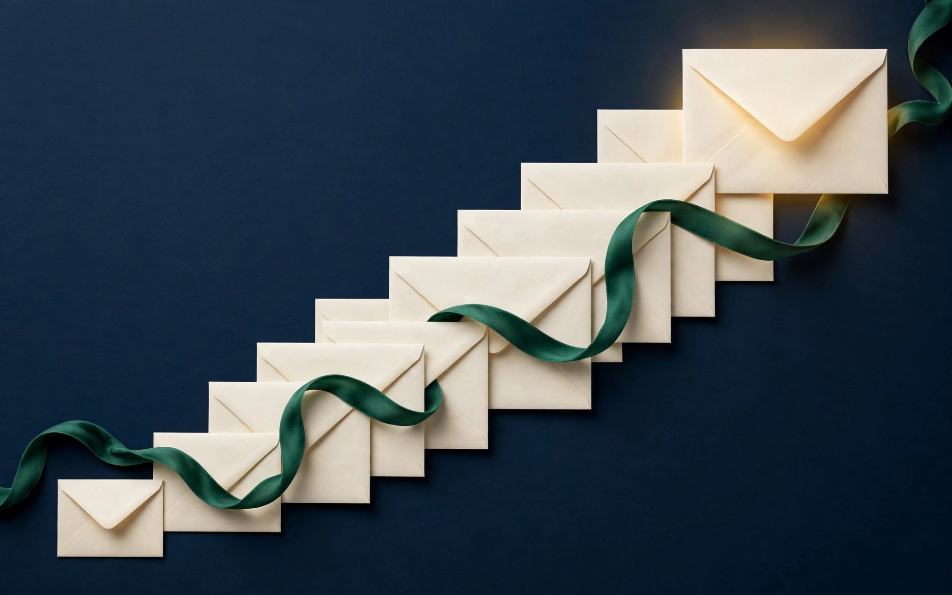 Ascending cream envelopes with an emerald ribbon on deep navy, symbolizing savings progress