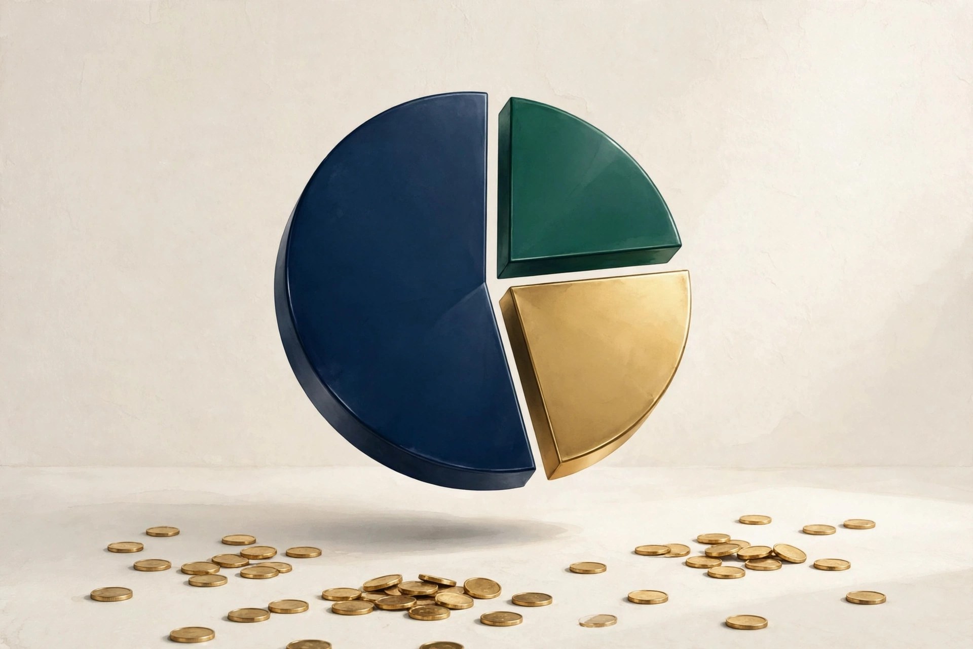 Three-dimensional pie chart split into navy, emerald and gold segments illustrating the 50/30/20 budget rule