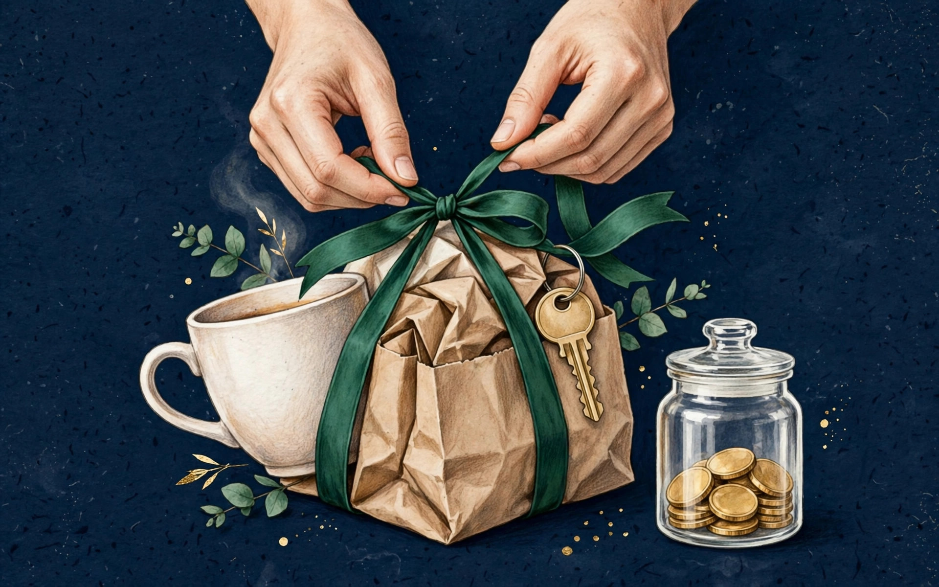 Hands cinching an emerald ribbon around everyday items, with gold coins set aside in a glass jar