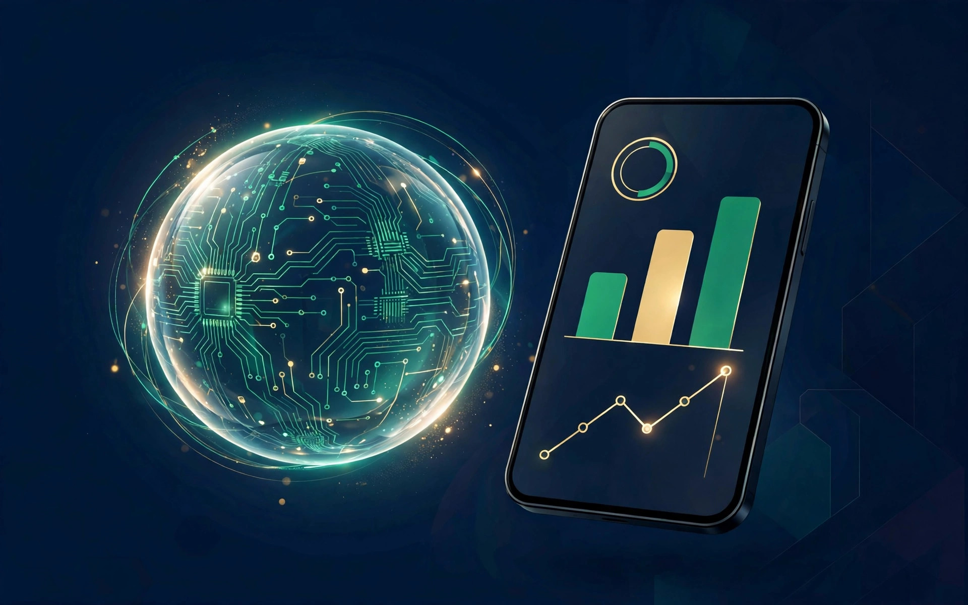 Editorial illustration of a glowing AI orb beside a smartphone with abstract finance charts