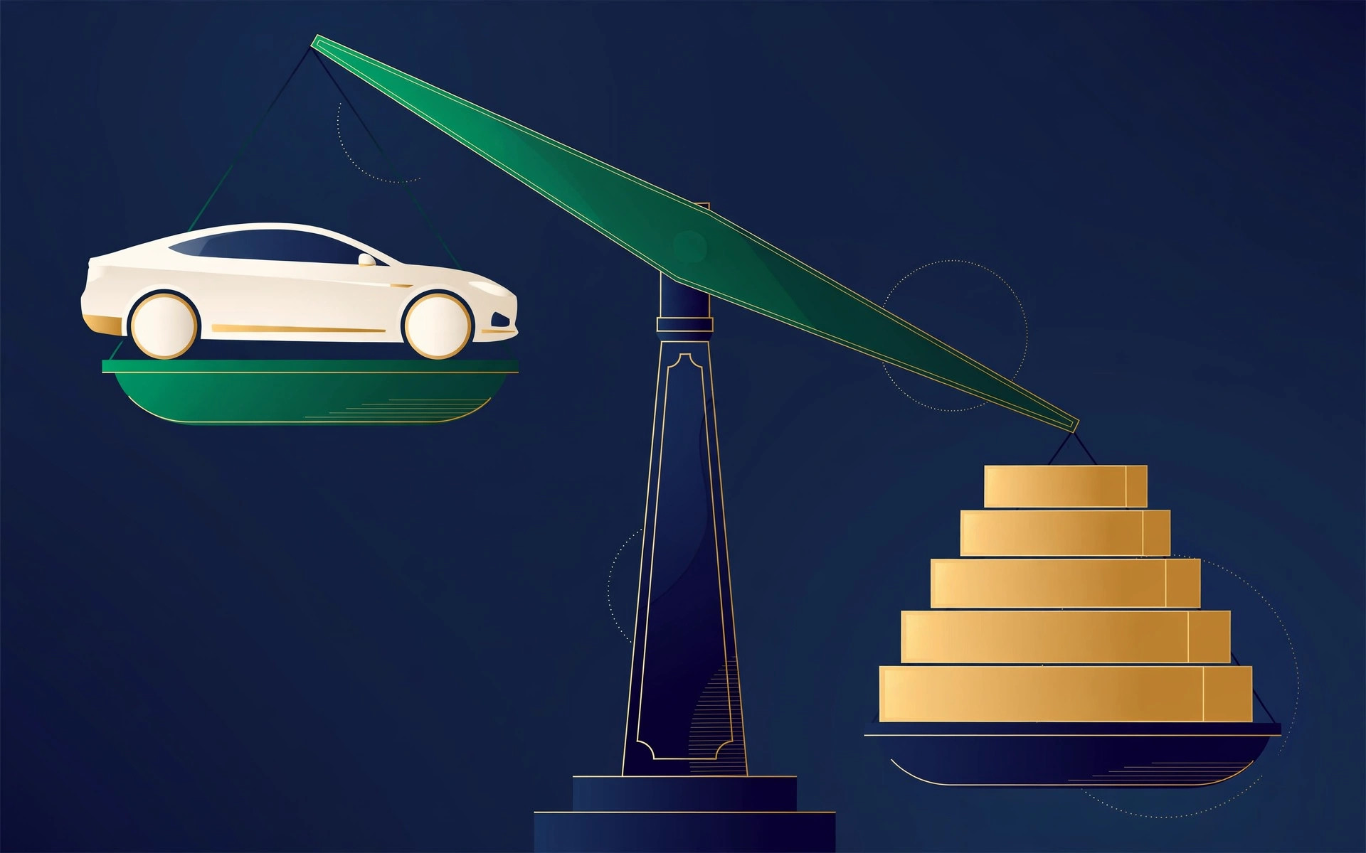 Illustration of a car balanced on a tipping scale with gold payment blocks outweighing it