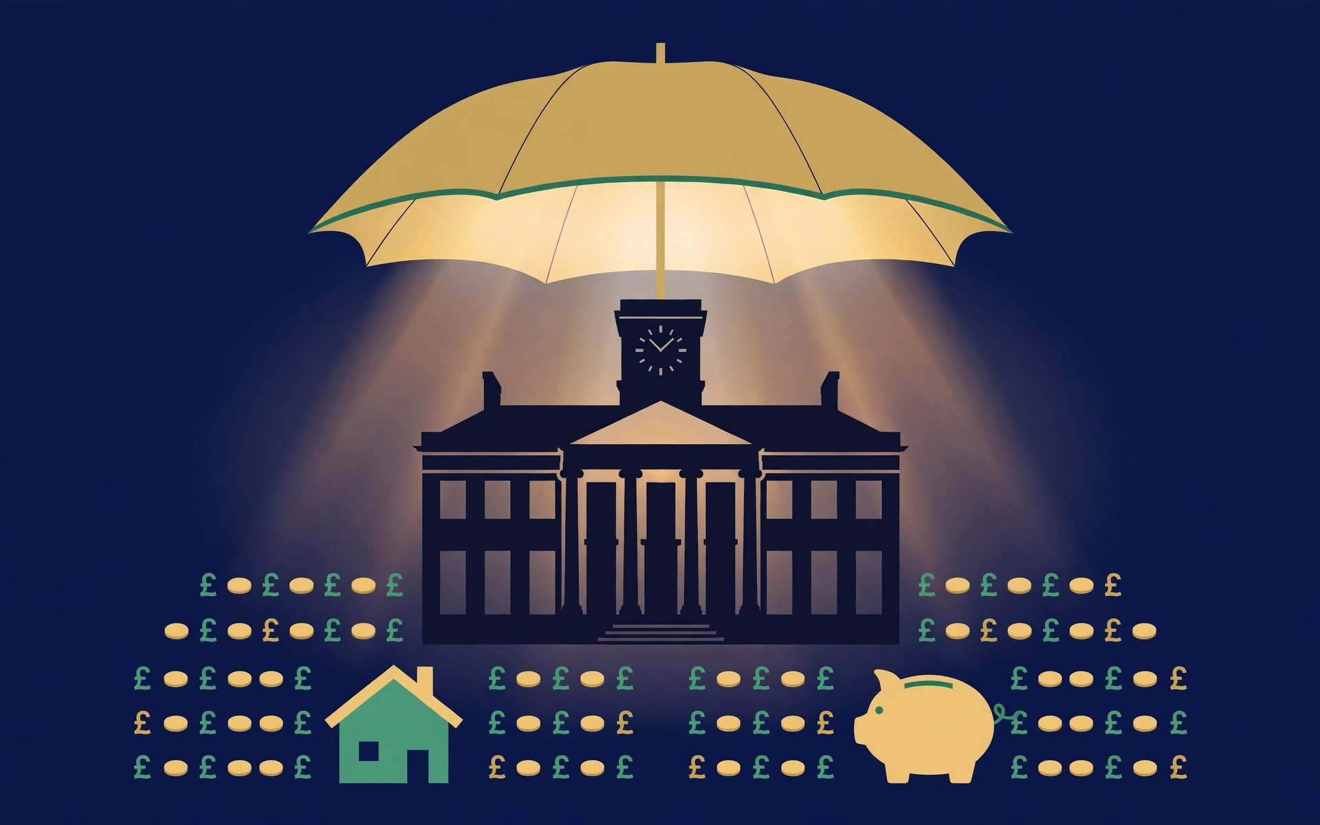 Editorial illustration of a clock-tower building under a protective umbrella, with coins and pound symbols arranged around a house and piggy bank