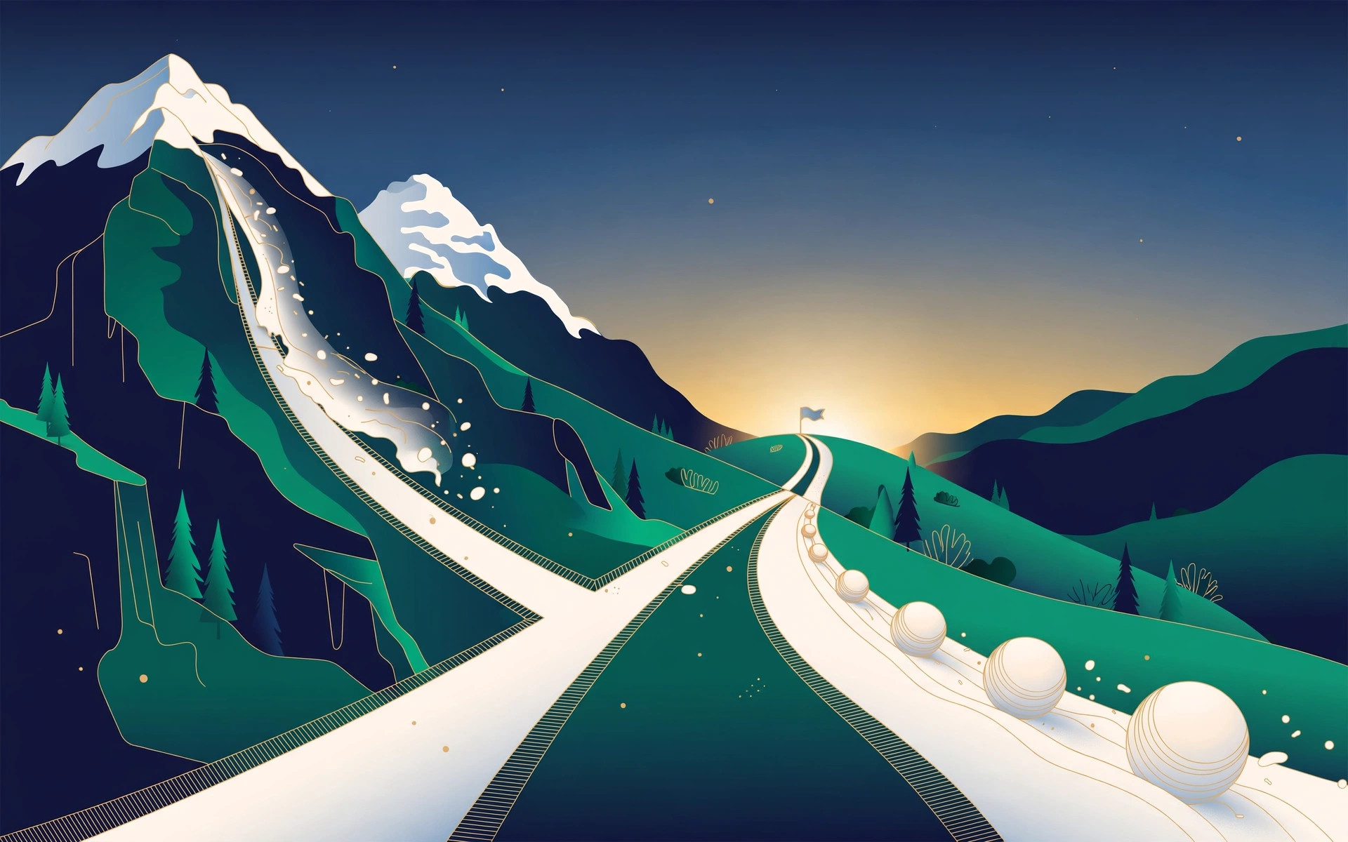 Illustration of two paths converging: an avalanche on a snowy peak and a growing snowball rolling downhill toward a debt-free horizon