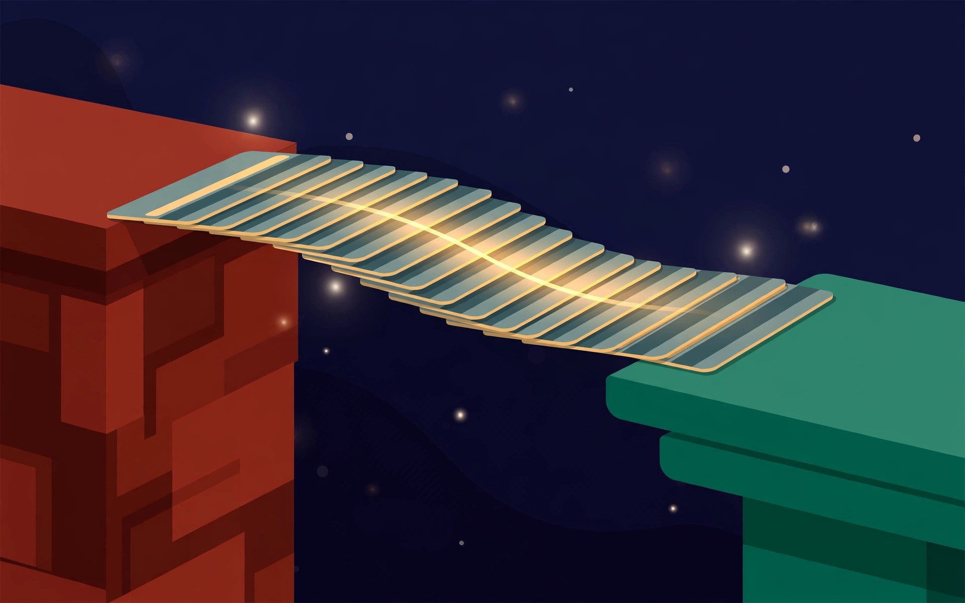 A bridge of overlapping credit cards crossing from a debt-red bank block toward a calm green platform.