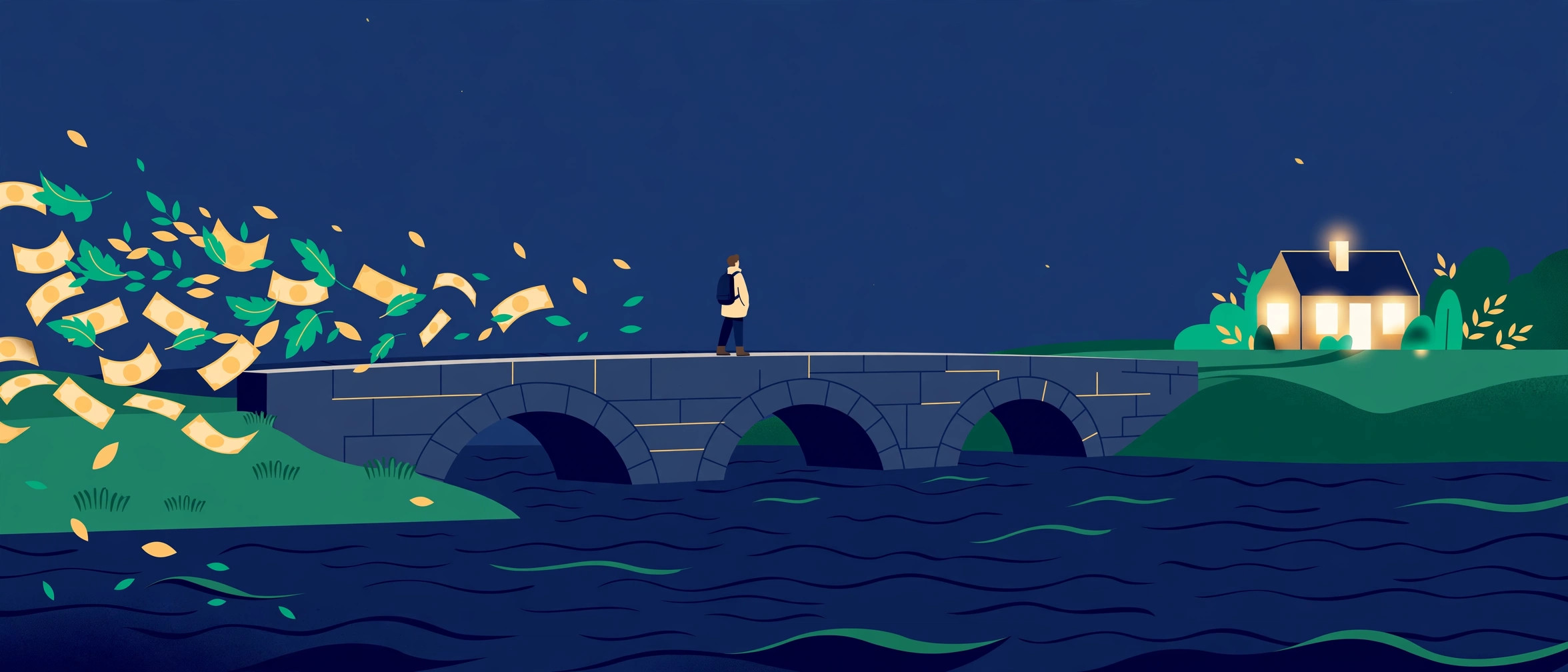 Illustration of a person crossing a stone bridge toward a warmly lit house, leaving bills behind
