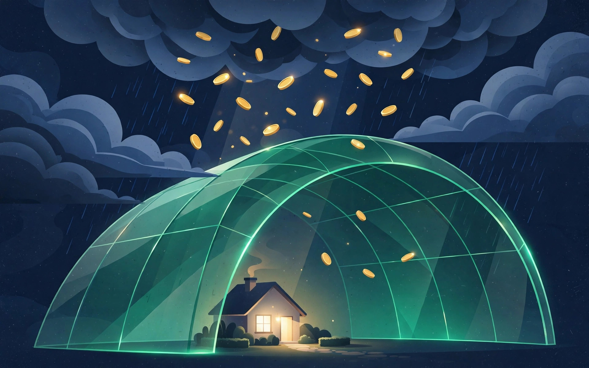 Emerald glass shield arching over a small house as gold coins fall from navy storm clouds