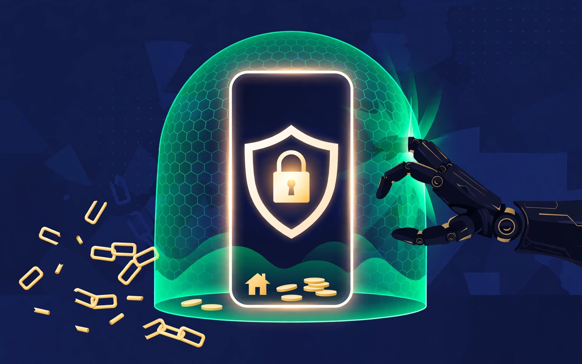 Smartphone shielded by an emerald force field blocking a robotic hand, gold coins safe behind it