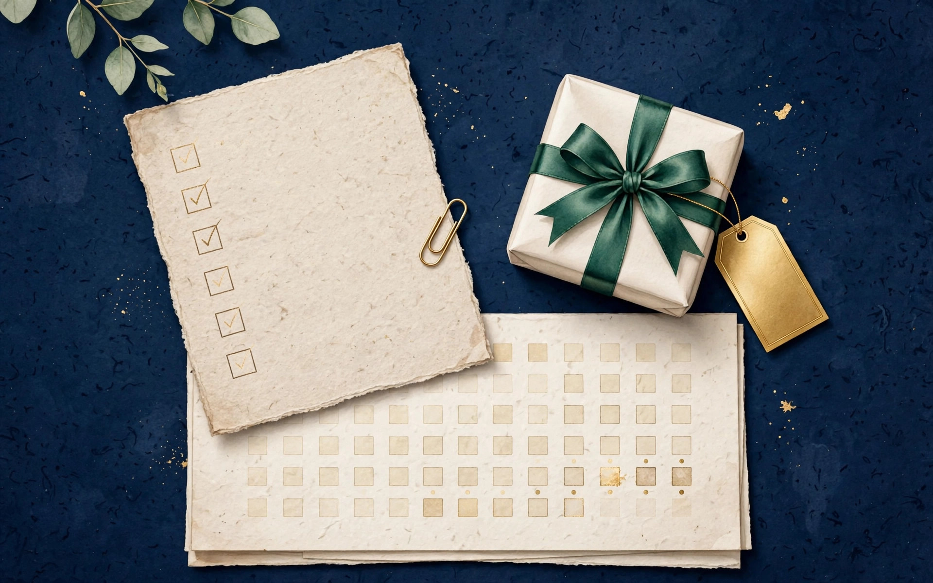 Shopping list, gift box with emerald ribbon and golden price tag on deep navy