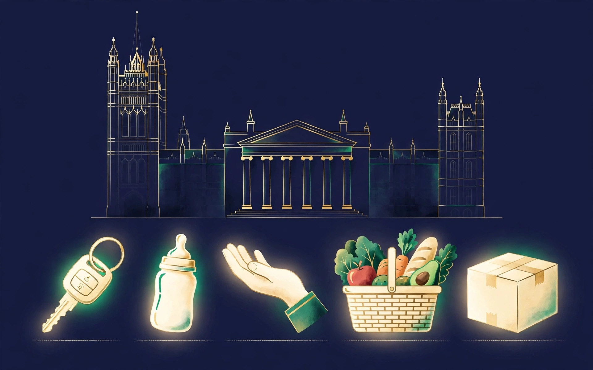 Illustration of five everyday budget fixes: car key, baby bottle, helping hand, shopping basket and parcel box before a government building
