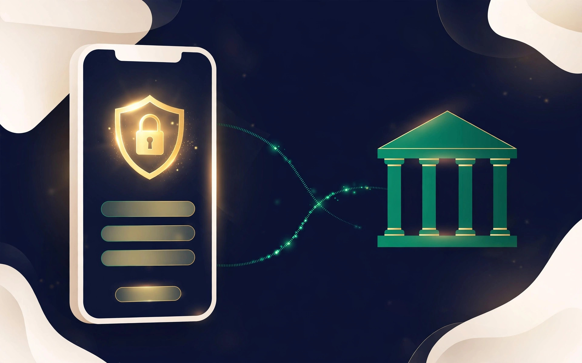 Illustration of a smartphone banking app with a golden padlock shield connecting securely to a bank building
