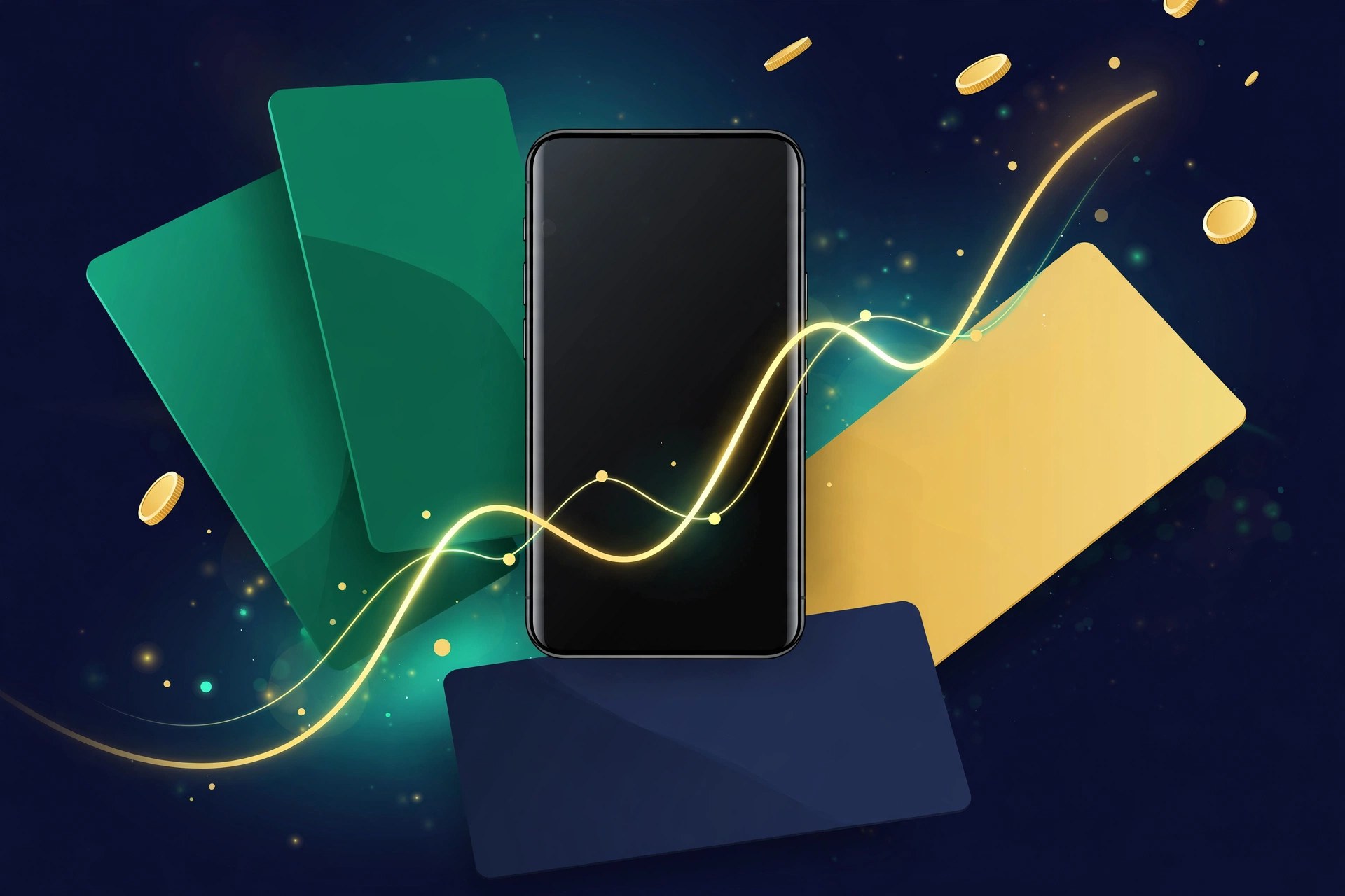 Smartphone surrounded by budgeting app cards, coins and a rising chart