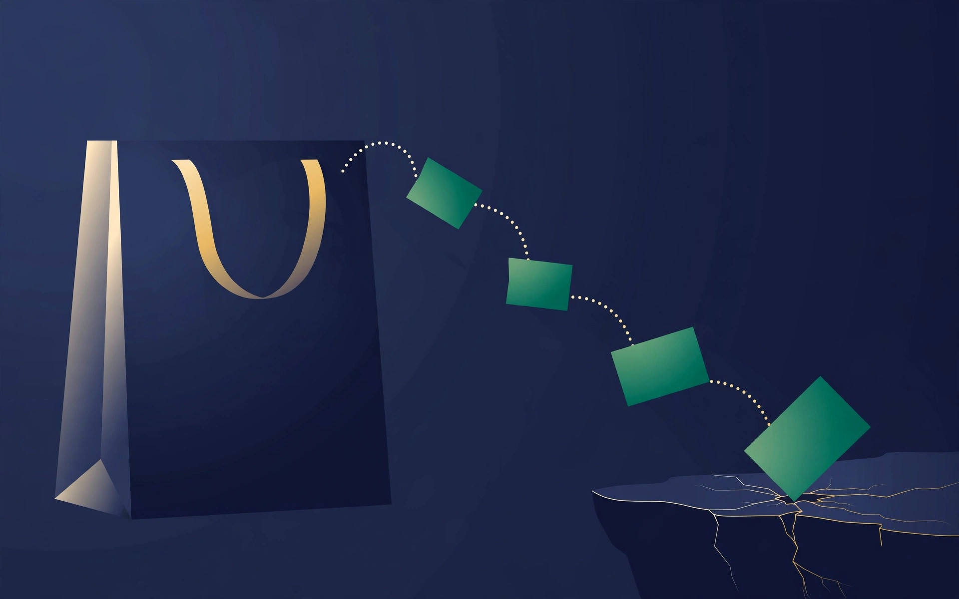 Editorial illustration of a shopping bag with its price tag split into fragments on a dotted path toward a cracked edge