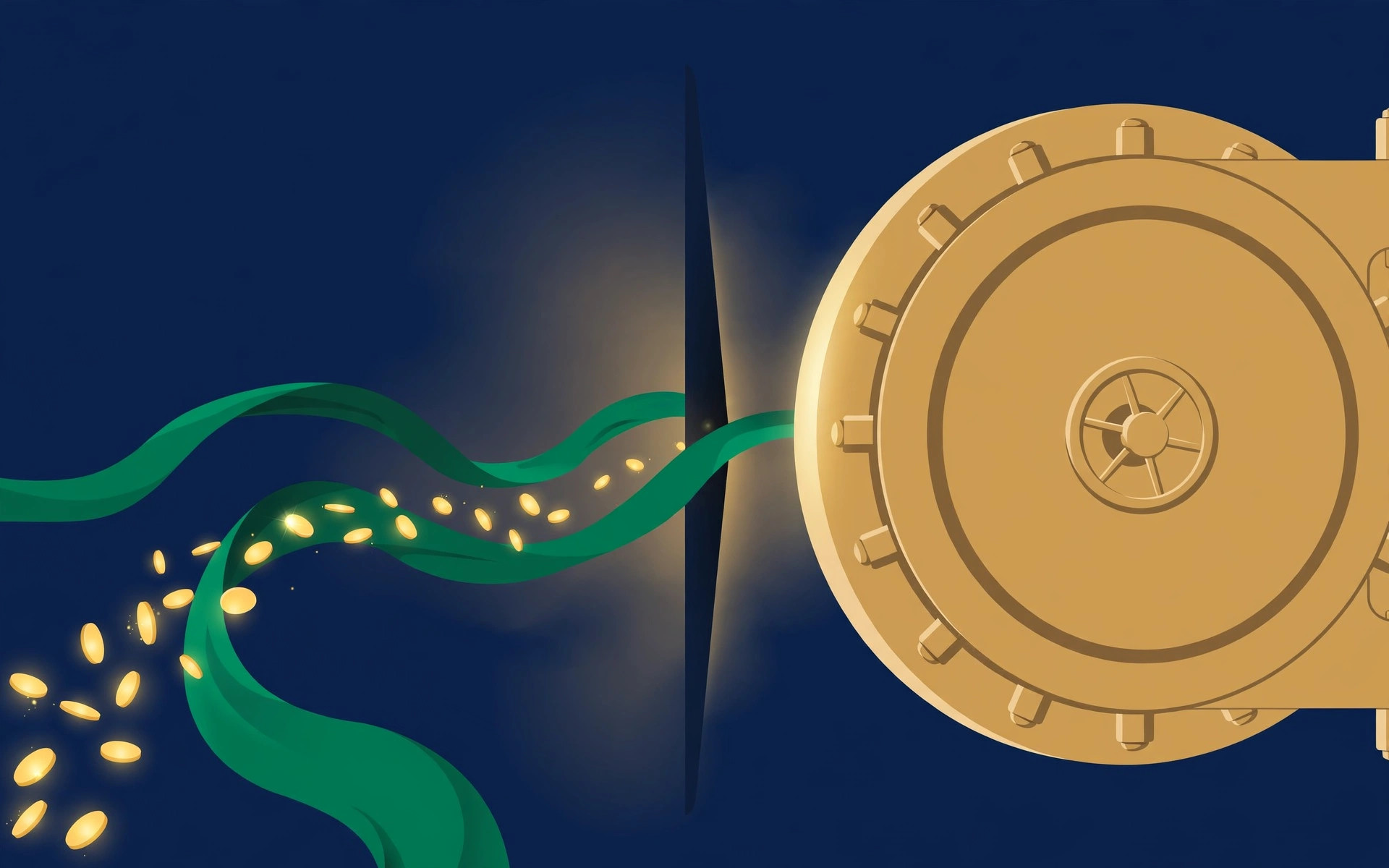 Gold bank-vault door closing as an emerald ribbon and coins pass through, illustrating the shrinking cash ISA allowance on deep navy