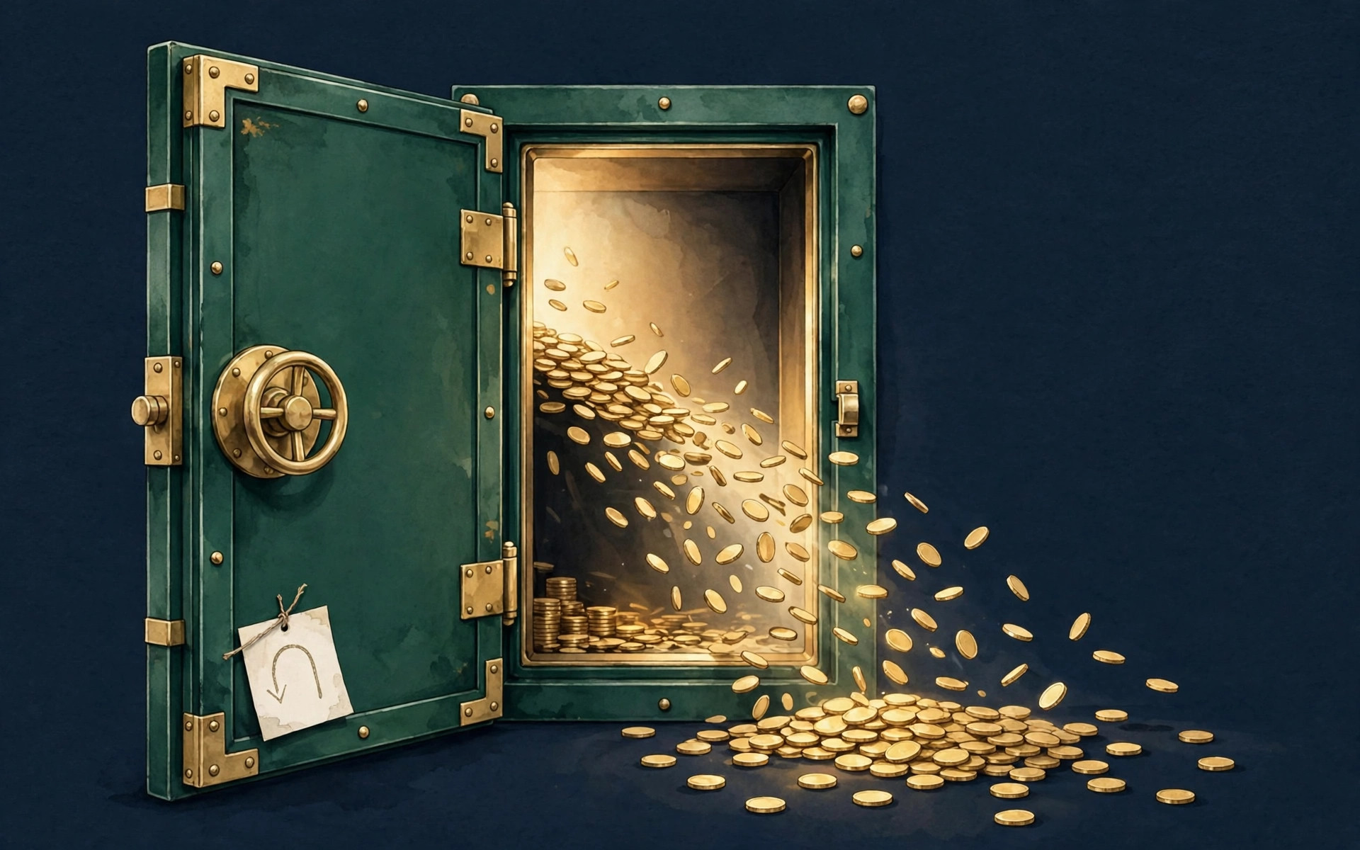 Open emerald vault door with golden light and coins on deep navy, symbolising the cash ISA U-turn