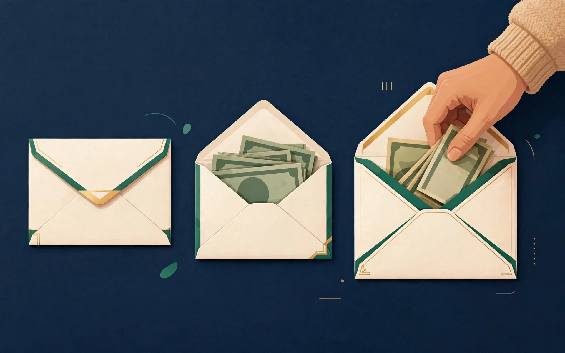 Hand sliding cash into labeled budget envelopes in a premium editorial illustration with navy, emerald and gold