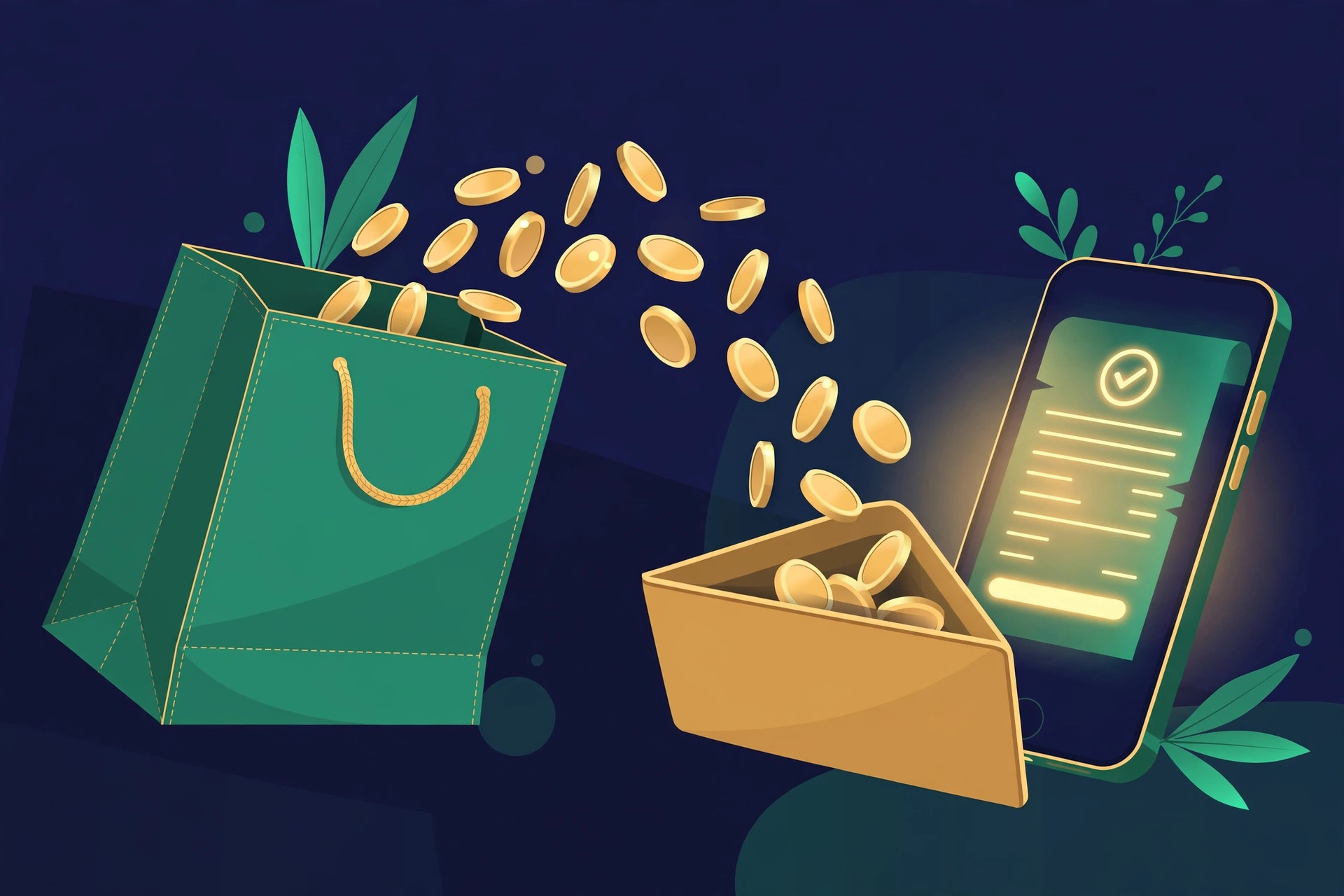 Editorial illustration of coins bouncing from a shopping bag back into a wallet next to a smartphone with a receipt
