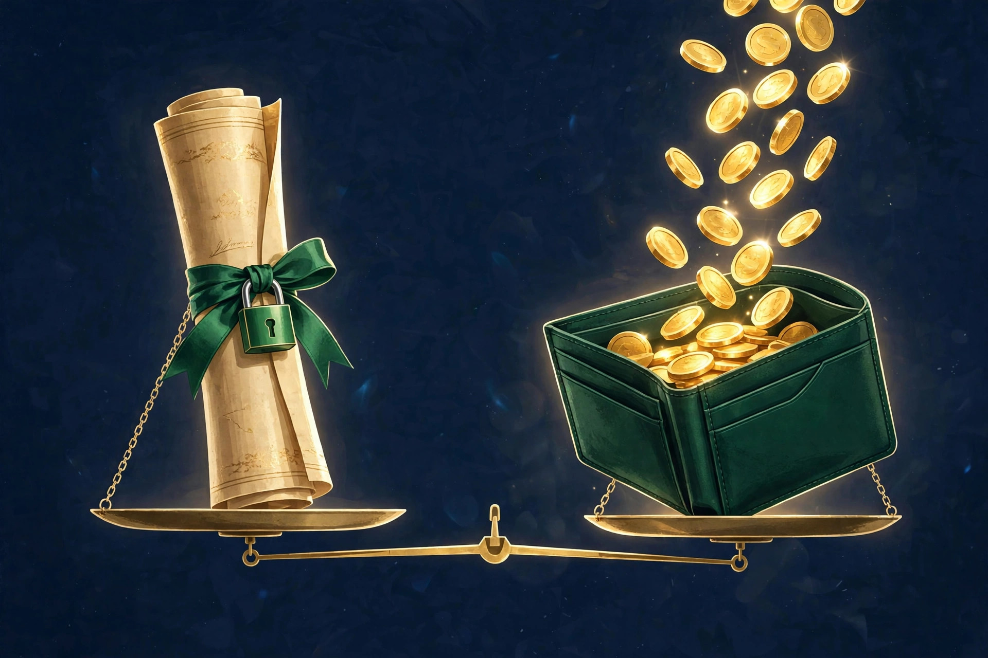 Golden locked certificate beside coins flowing into an open wallet on deep navy