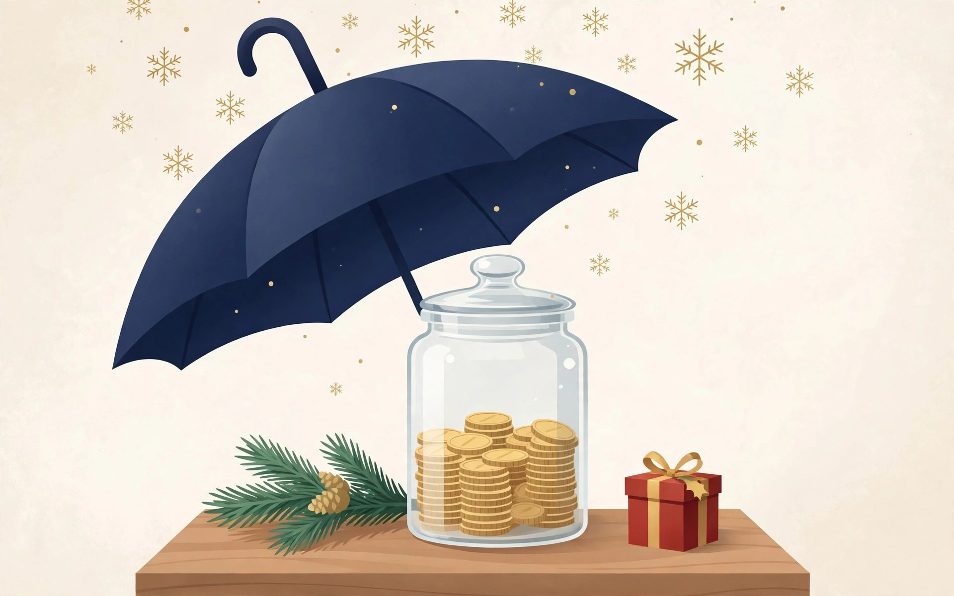 Savings jar of coins sheltered by a navy umbrella among gold snowflakes, with a fir branch and red gift box