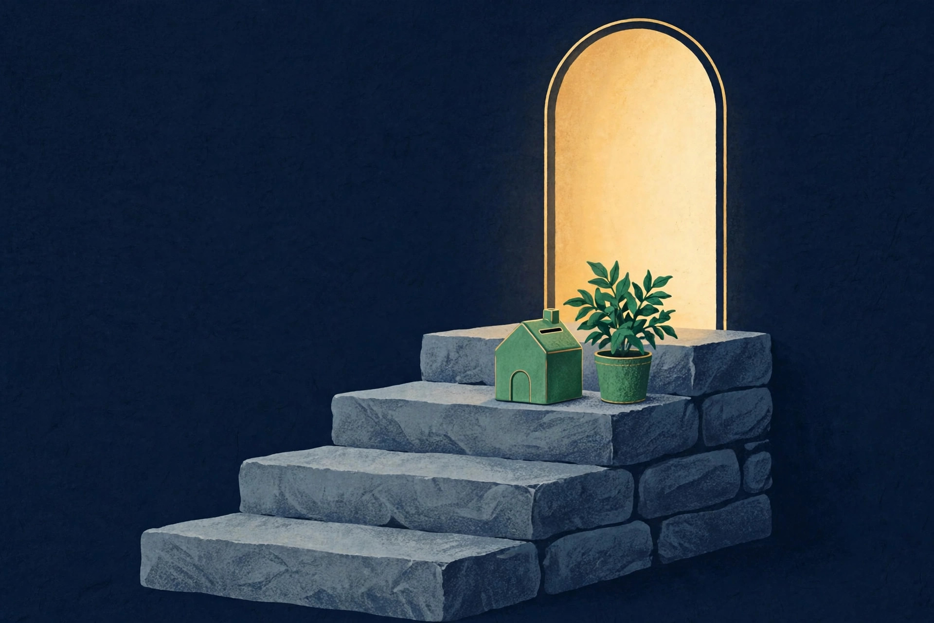 Three ascending steps leading to a glowing doorway, with a small savings jar on the top step