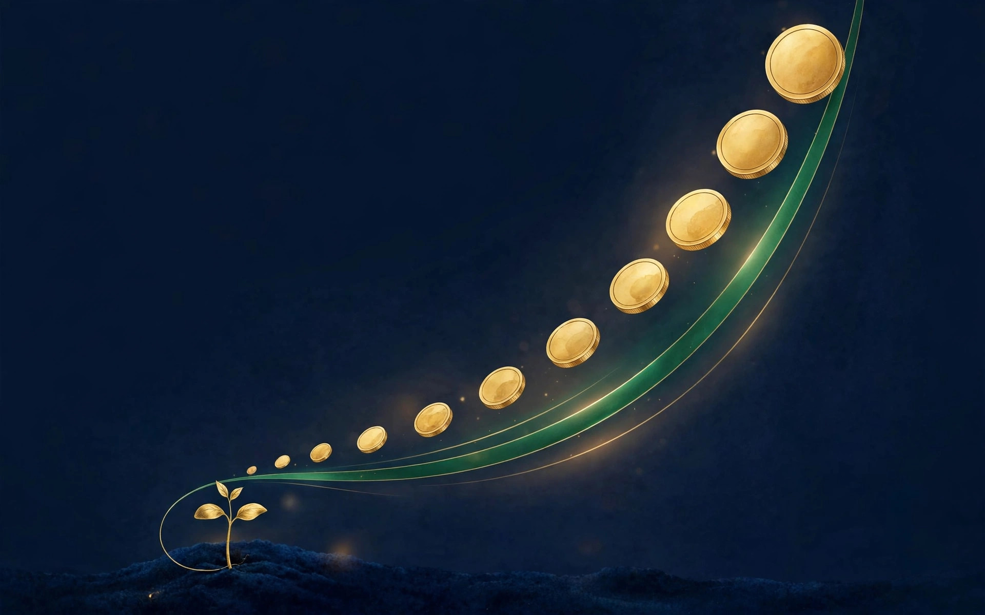 Golden seedling growing into an emerald upward growth curve with gold coins, on deep navy