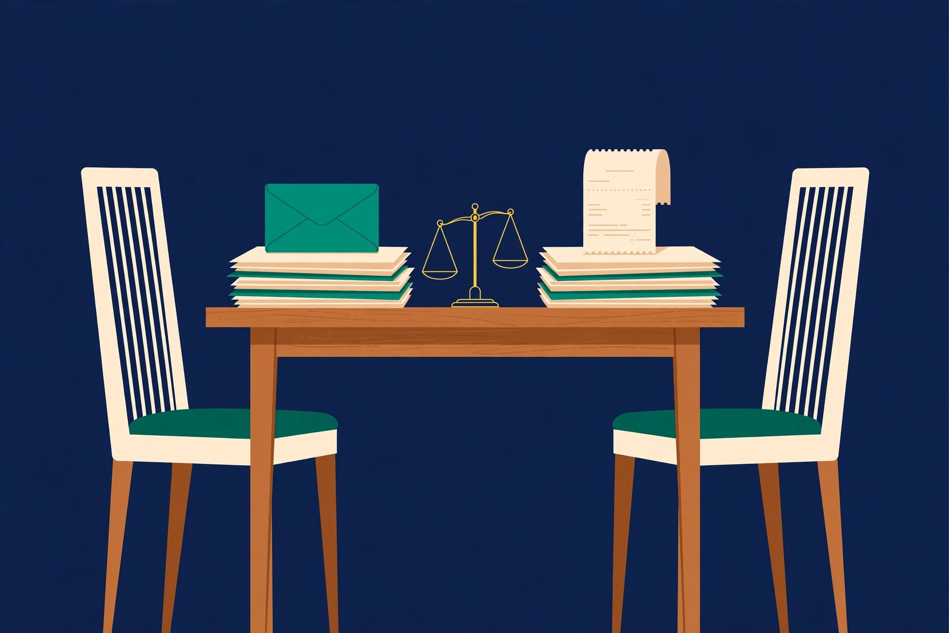 Editorial illustration of two dining chairs and household bills split into two balanced stacks on a table