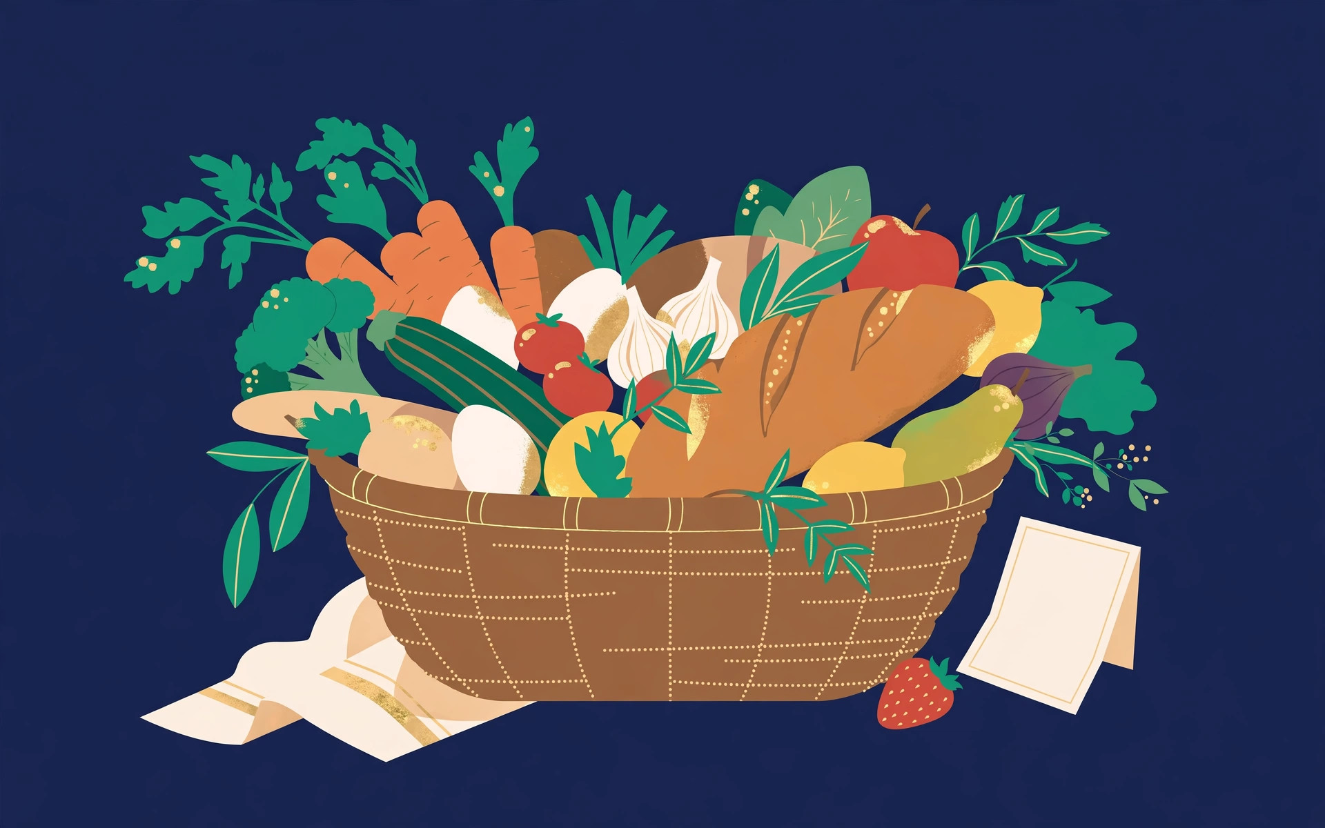 Illustration of a shopping basket filled with fresh vegetables, bread, eggs and fruit