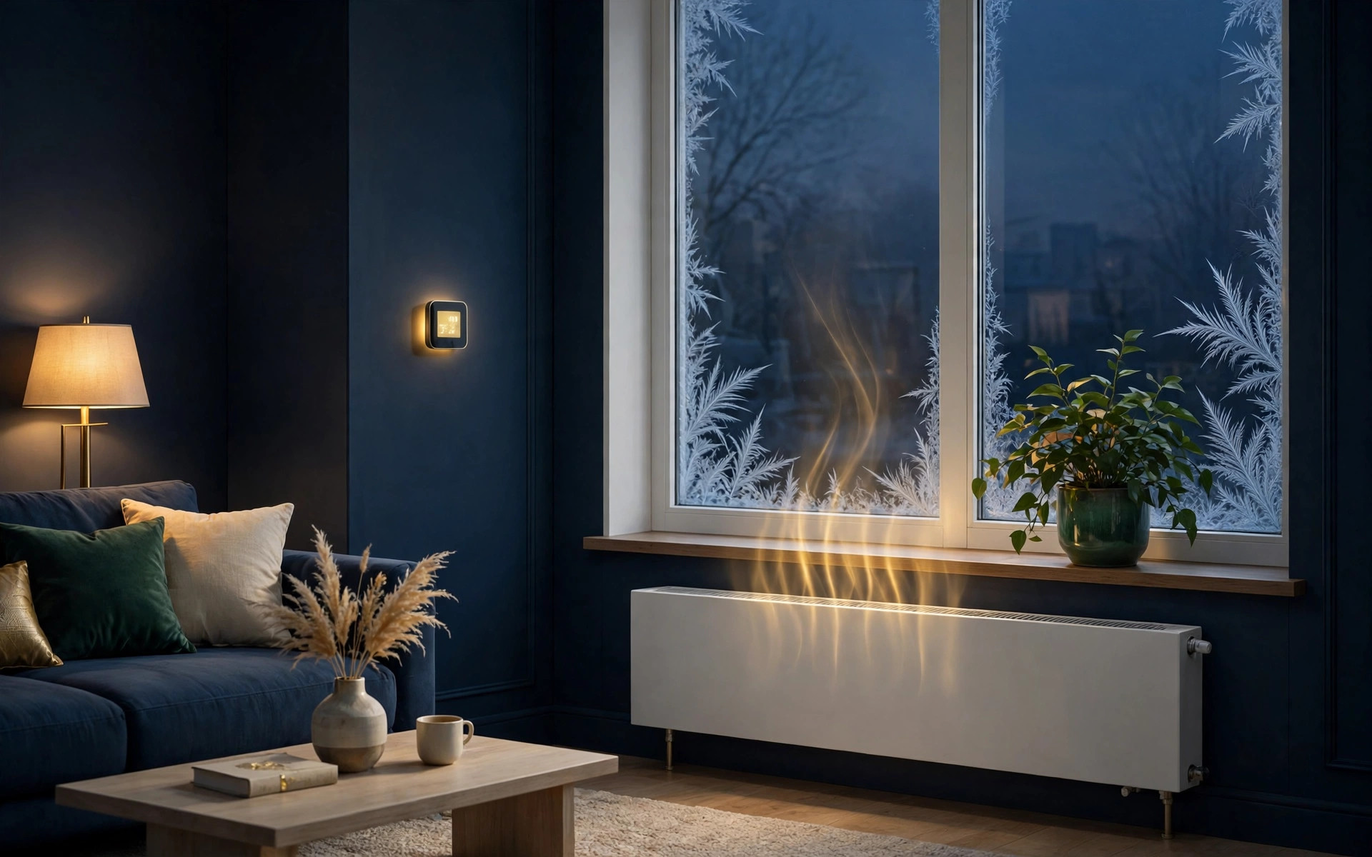 Cozy winter living room with glowing thermostat, radiator heat waves and frost on the window