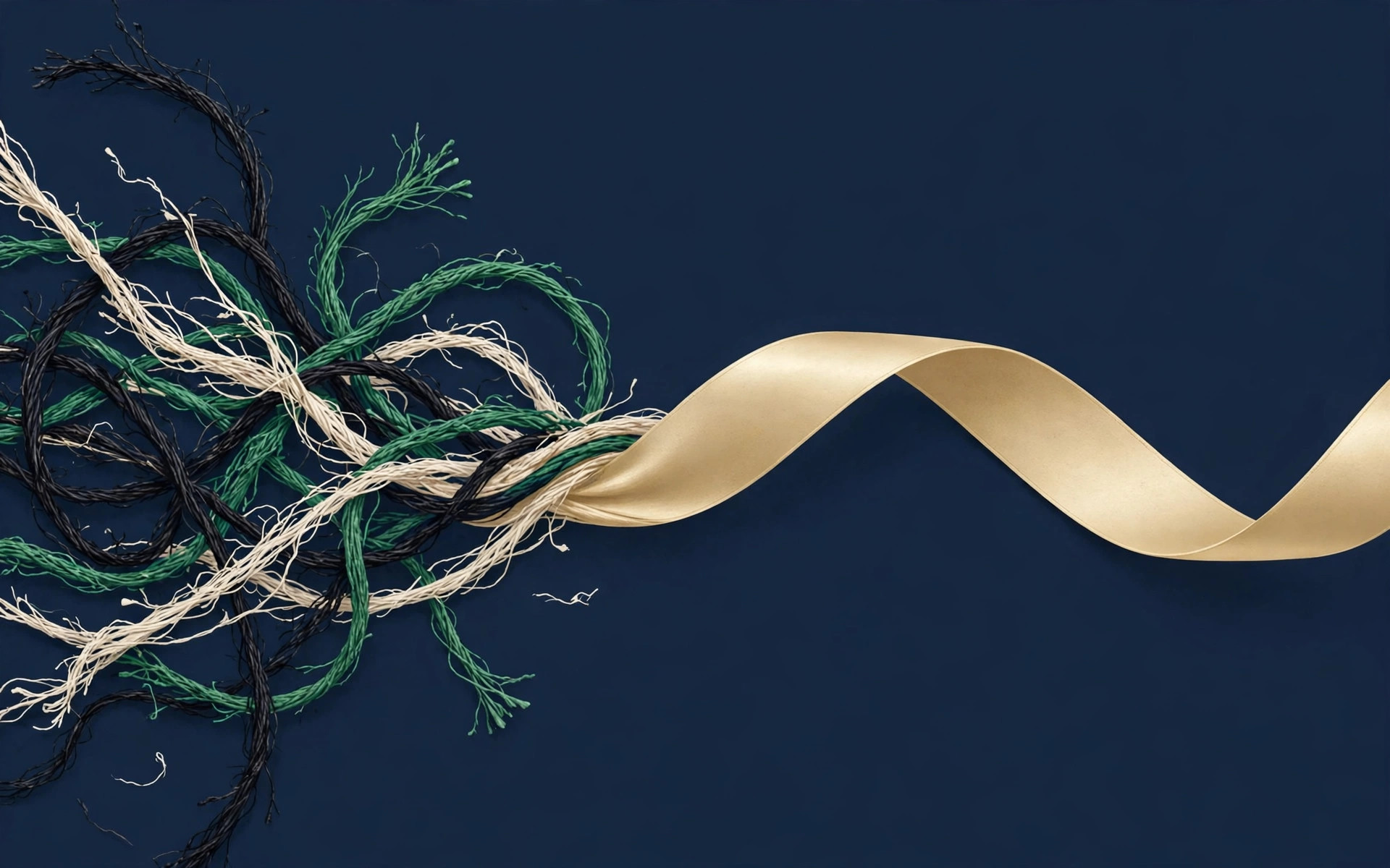 Tangled threads merging into one smooth gold ribbon on navy, symbolizing debt consolidation