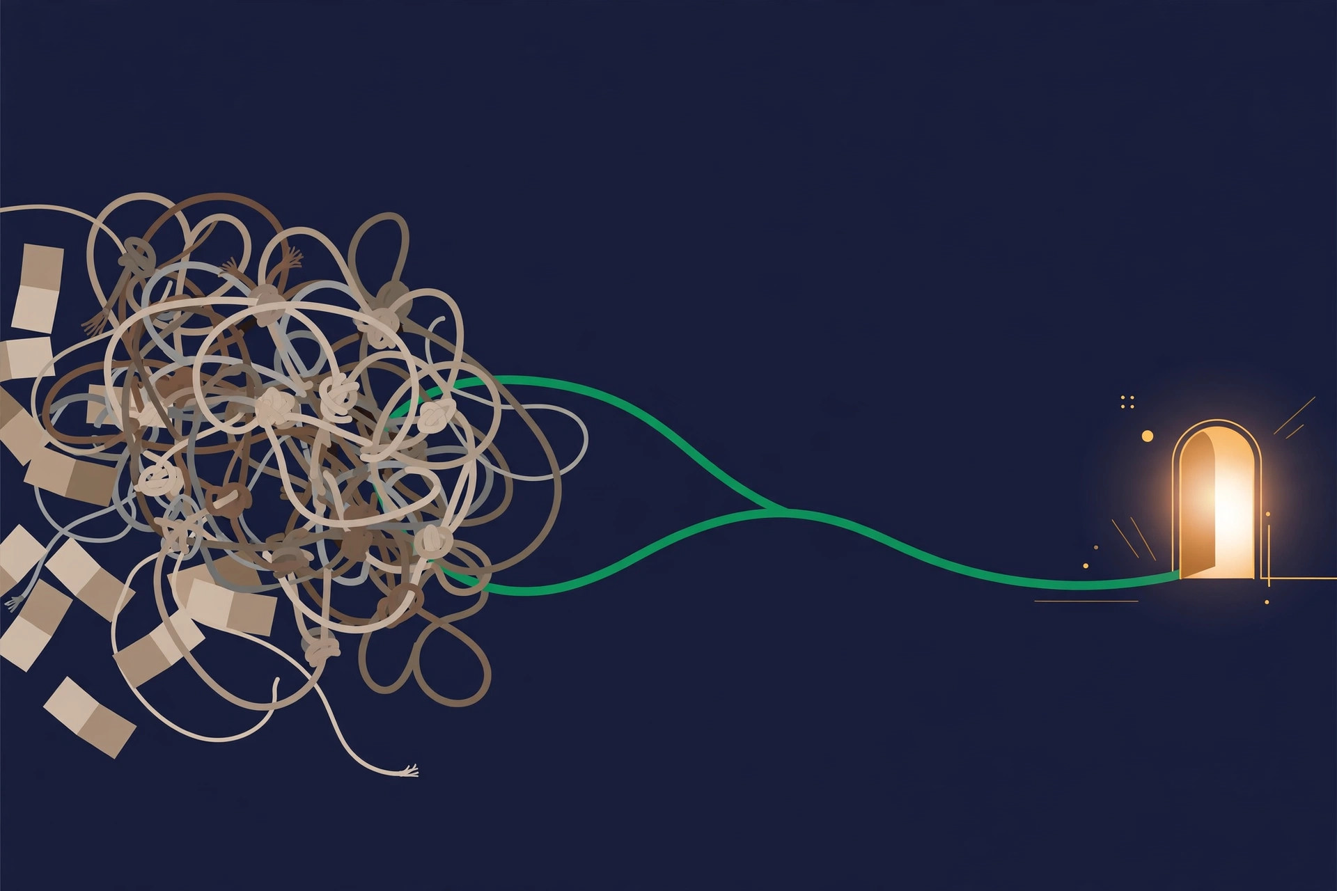 Tangled cords converging into one neat green line toward a glowing doorway