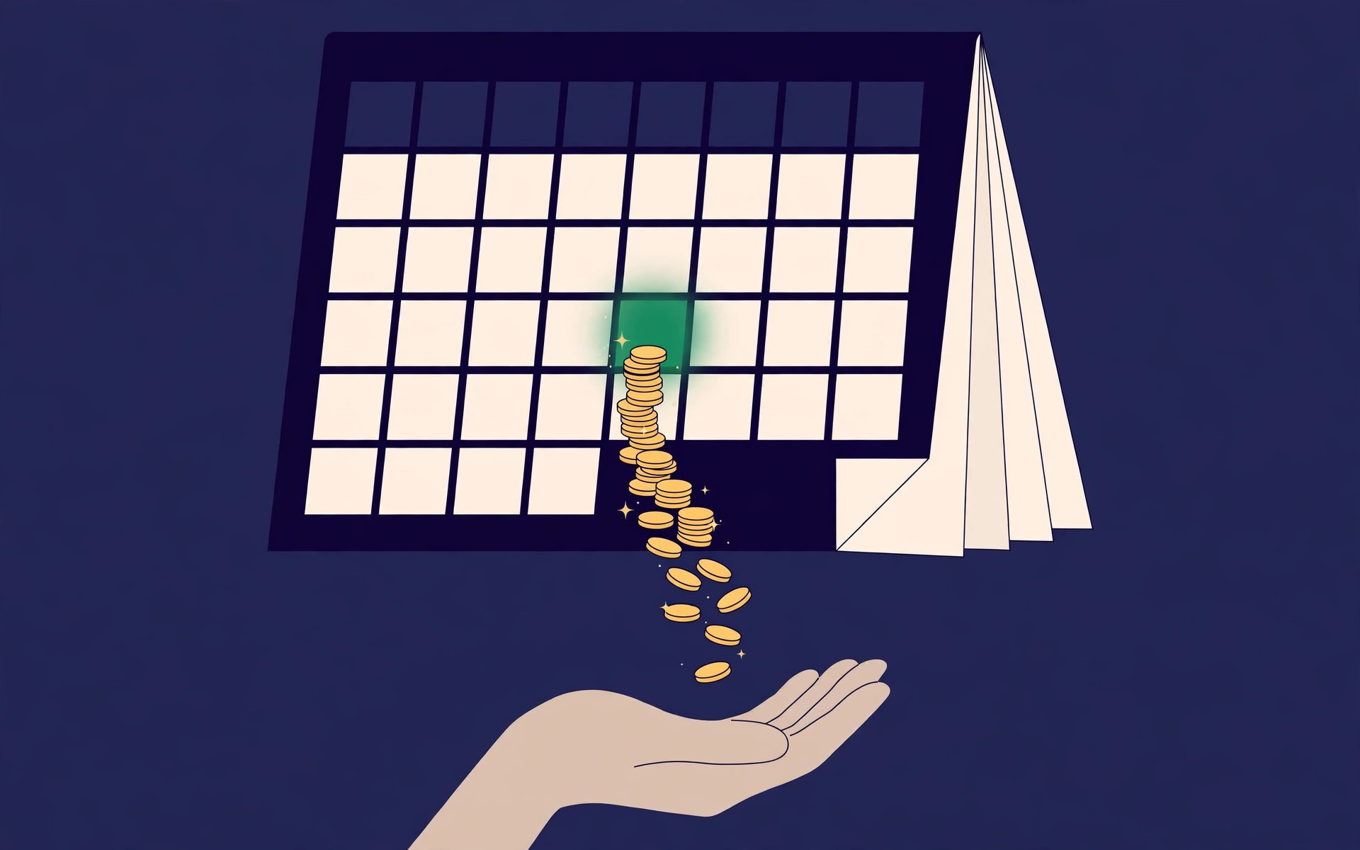 Illustration of a calendar with a glowing payday square and gold coins flowing into an open hand
