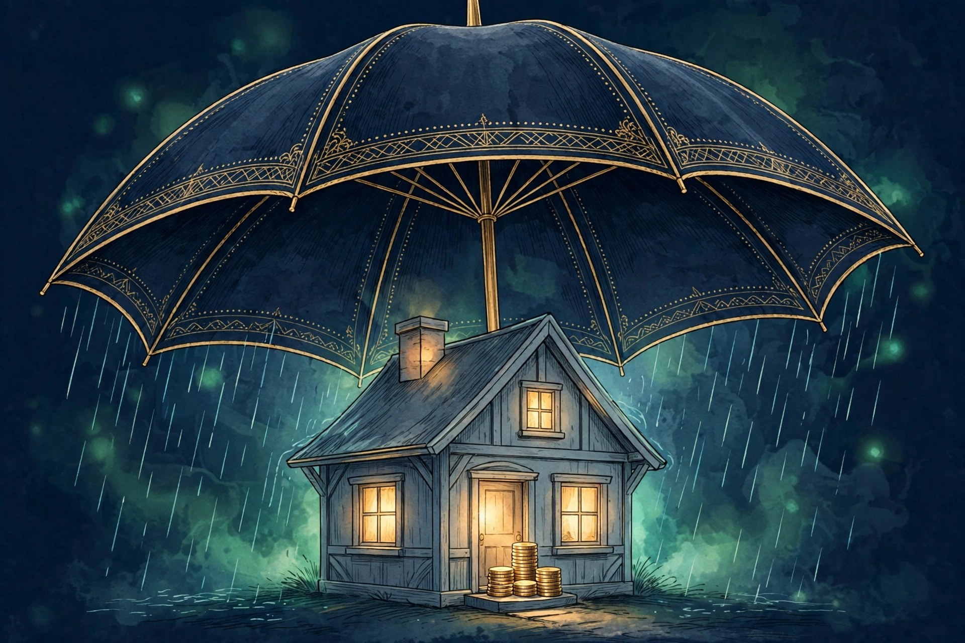 Navy umbrella sheltering a small house from rain, symbolizing an emergency fund