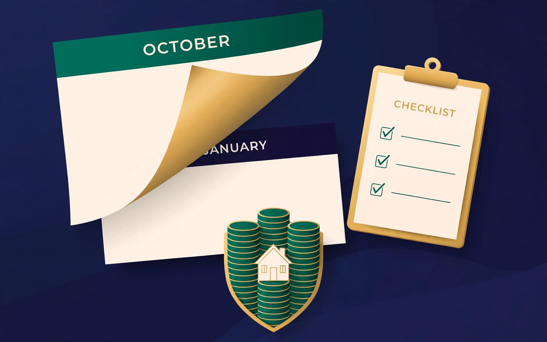Calendar page marked October flipping to reveal January, a gold checklist clipboard and a shield of emerald coins guarding a small house