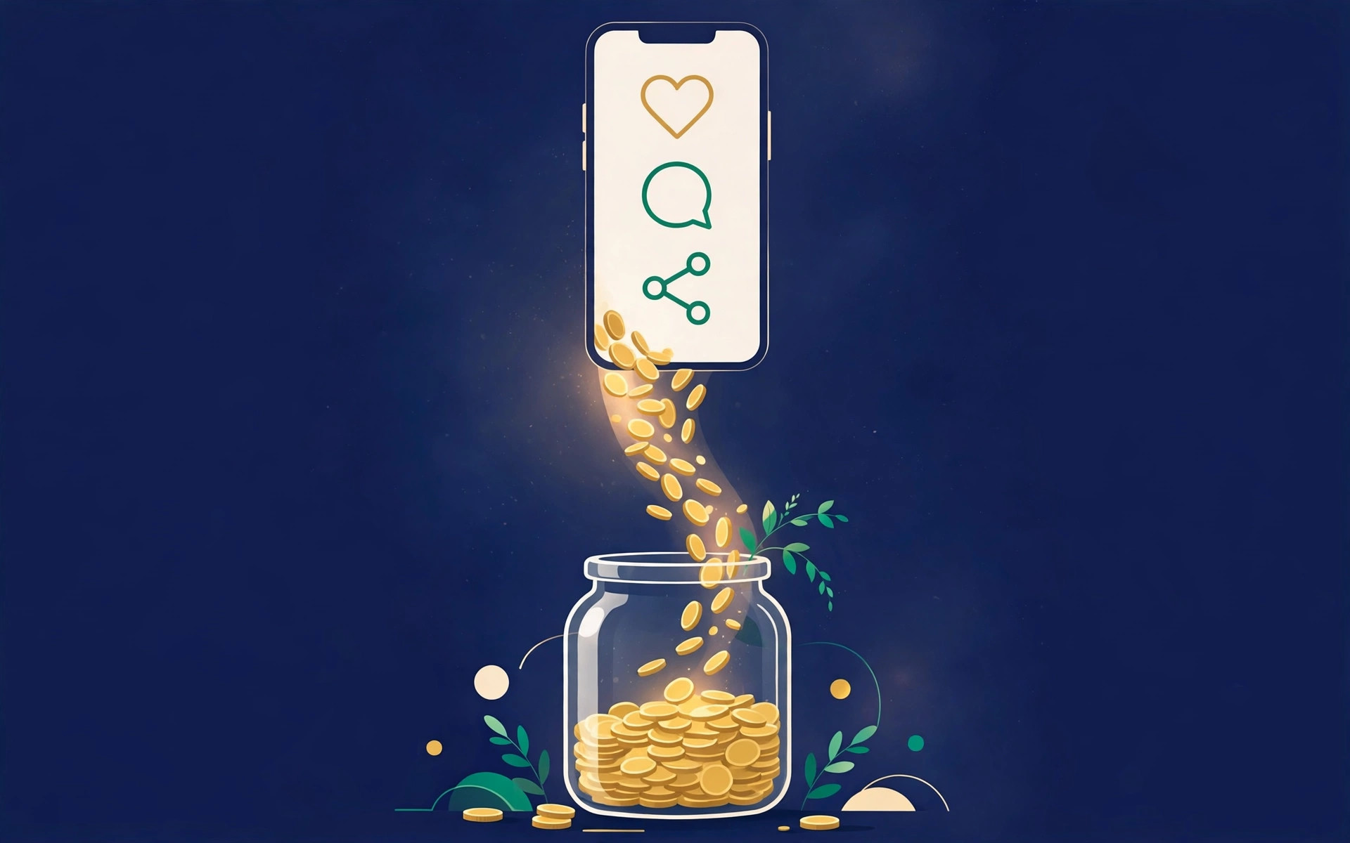 Illustration of a phone turning social icons into coins flowing into a savings jar