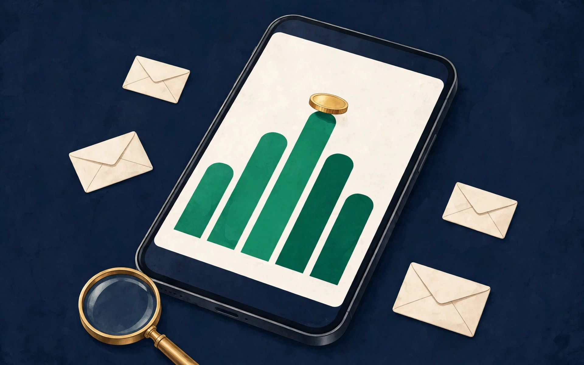 Smartphone with abstract spending chart, envelopes and magnifying glass in navy, emerald and gold