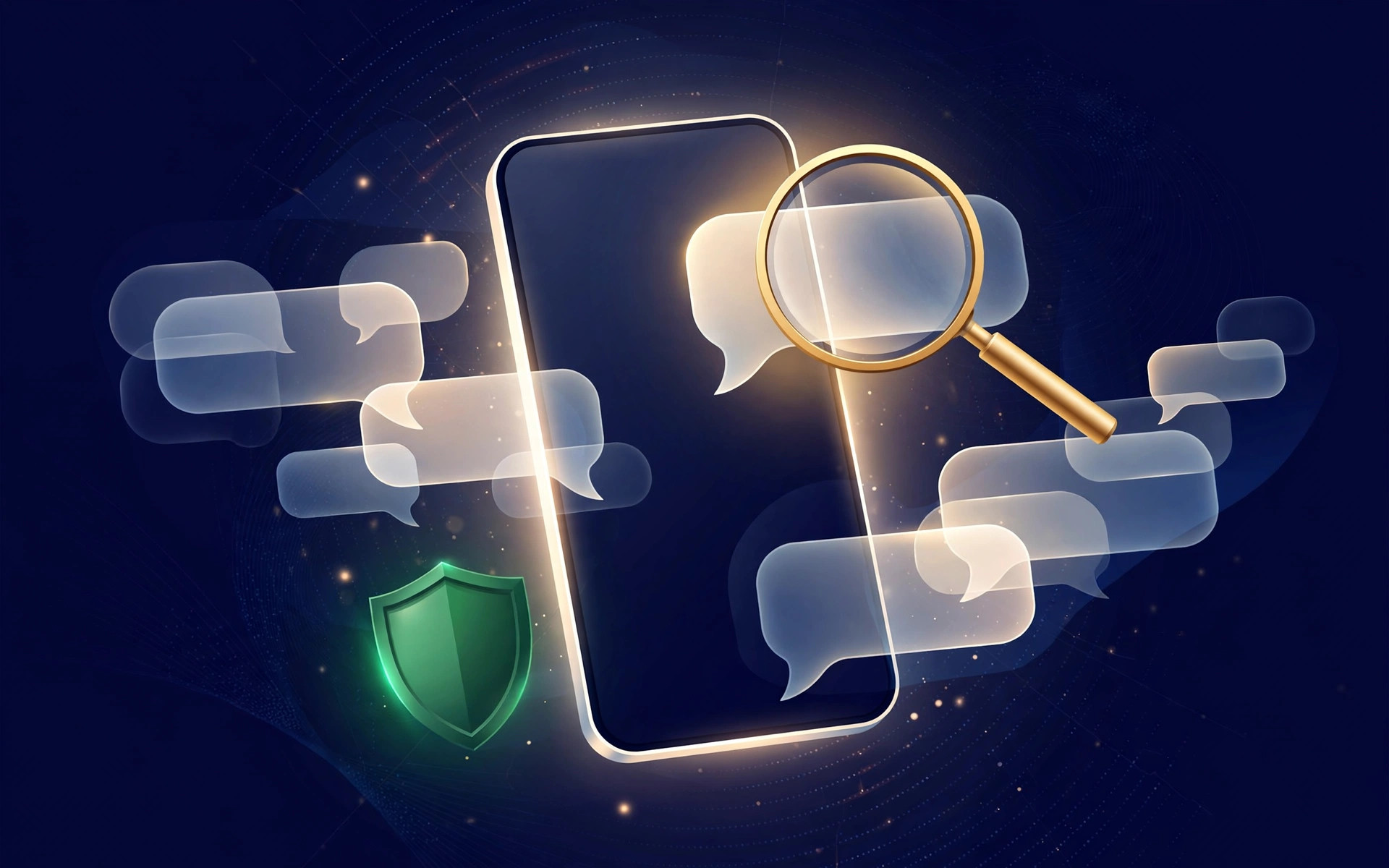 Smartphone with message bubbles under a magnifying glass and shield, illustrating fake bank text scams