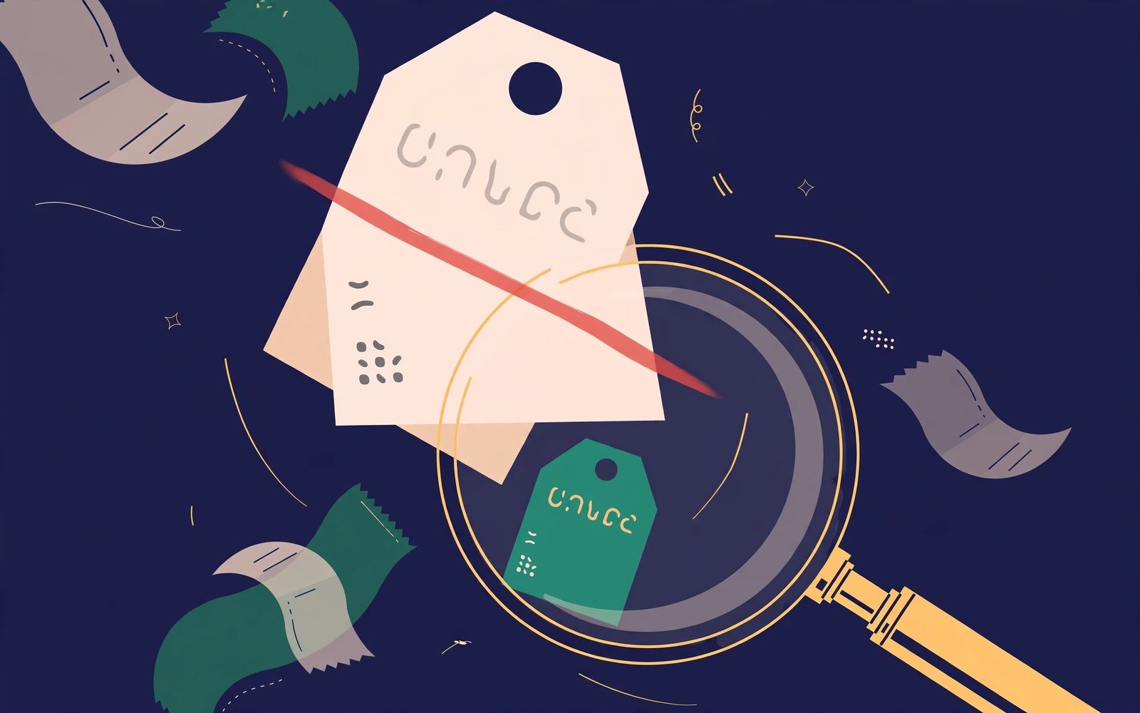 Illustration of a magnifying glass inspecting a sale tag with a struck-through price, deep navy background