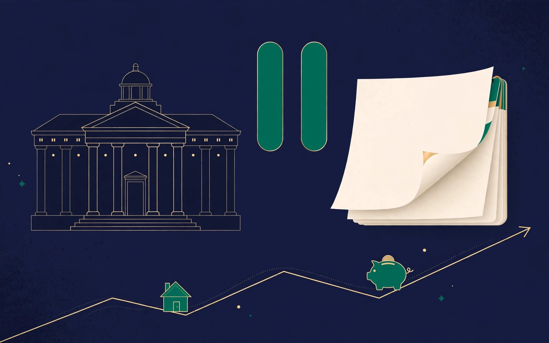 Central bank building with a pause symbol and a calendar turning toward December