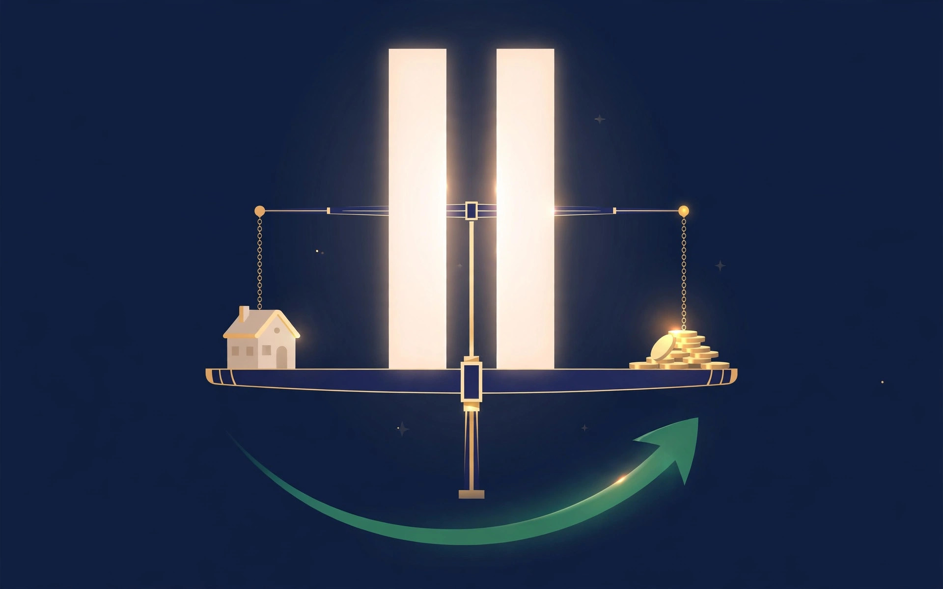 Pause symbol on a balance scale weighing a house against gold coins, with a green growth arrow