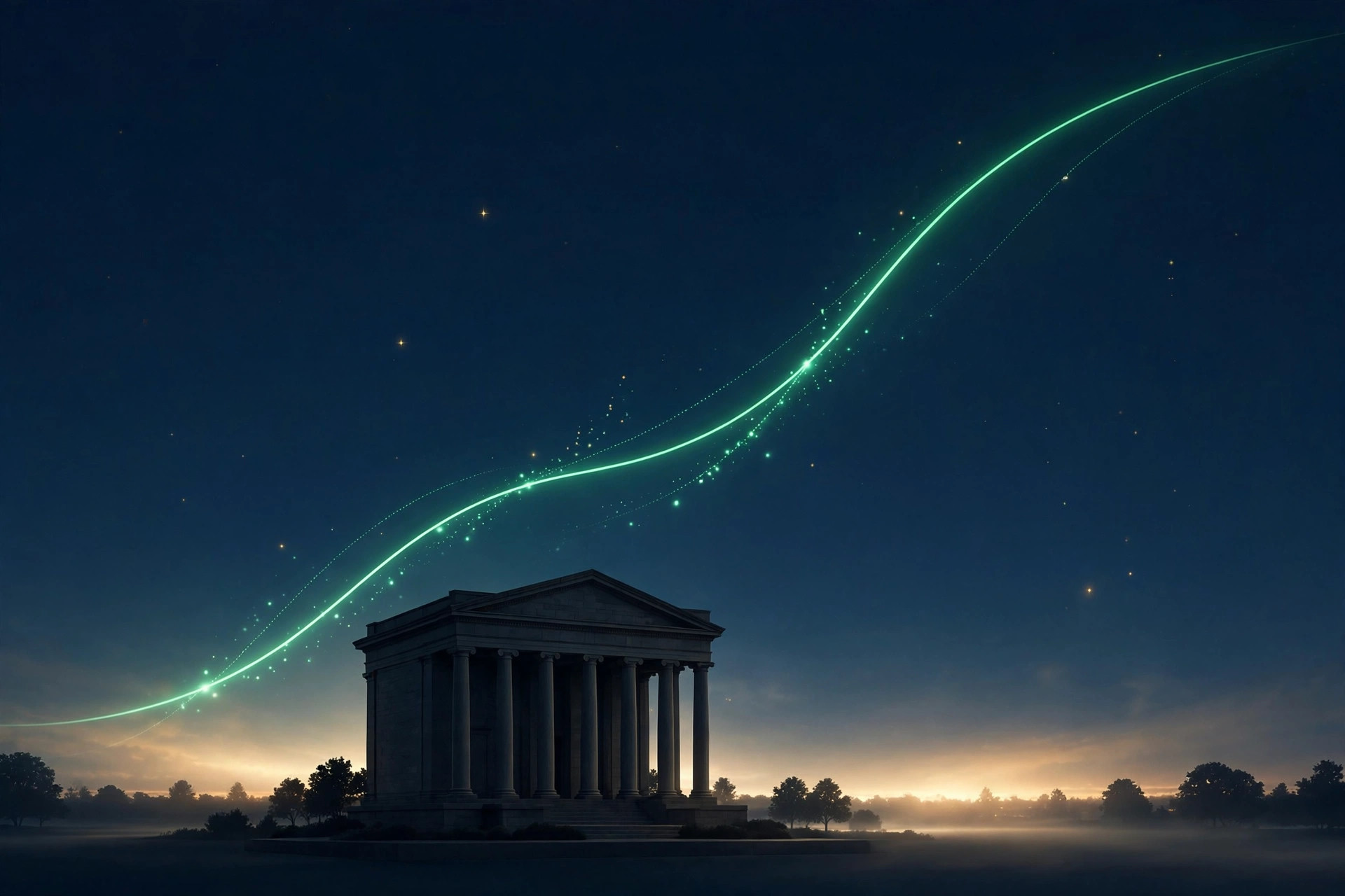 Illustration of a classical columned building under a deep navy sky with a glowing emerald chart line rising above it