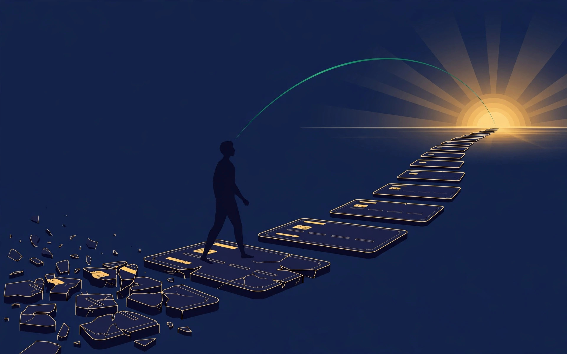 Illustration of a person walking away from broken credit cards toward a sunrise