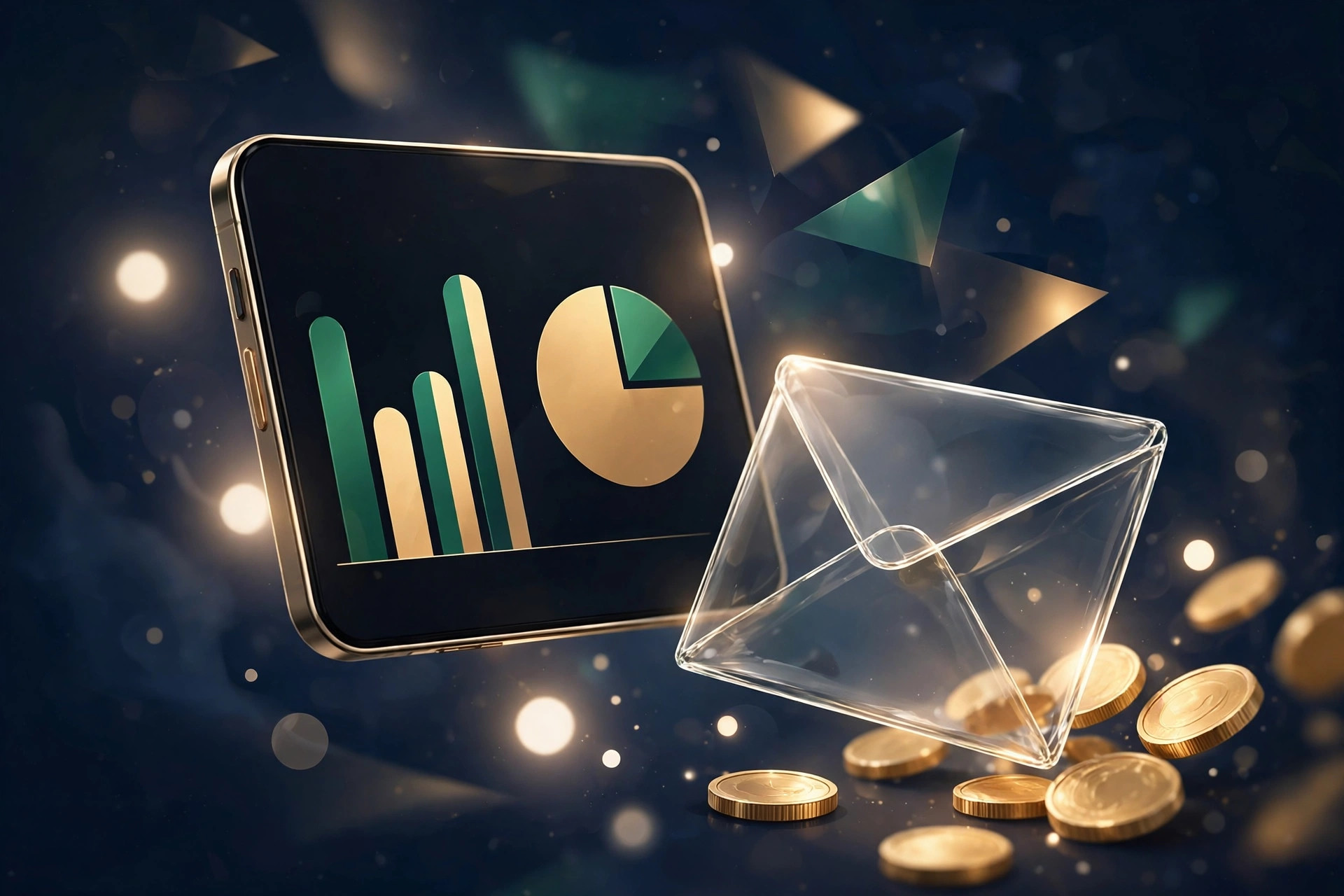 Smartphone with abstract budget charts beside a glass envelope and gold coins
