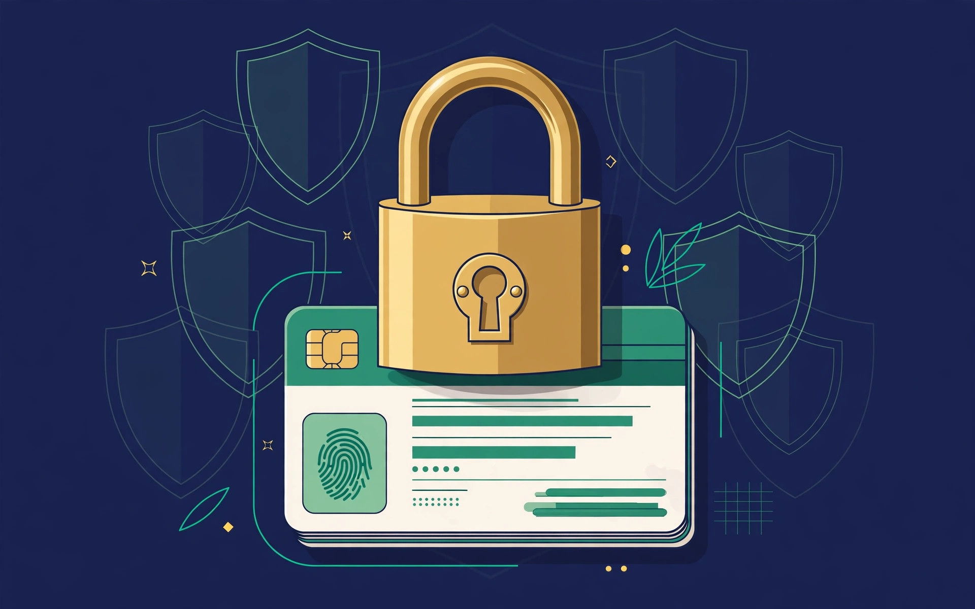 Illustration of a brass padlock clamping a credit file document with shield outlines behind it