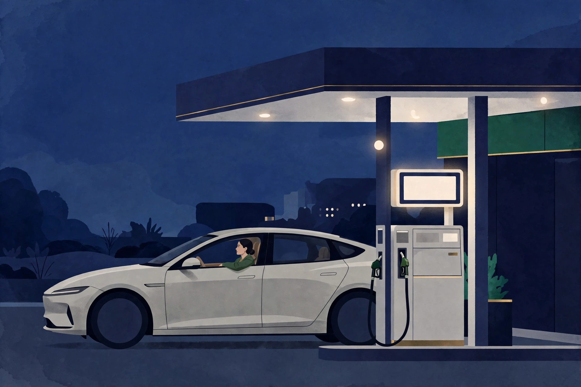 Car at a petrol station pump at dusk in navy, white, emerald and gold tones