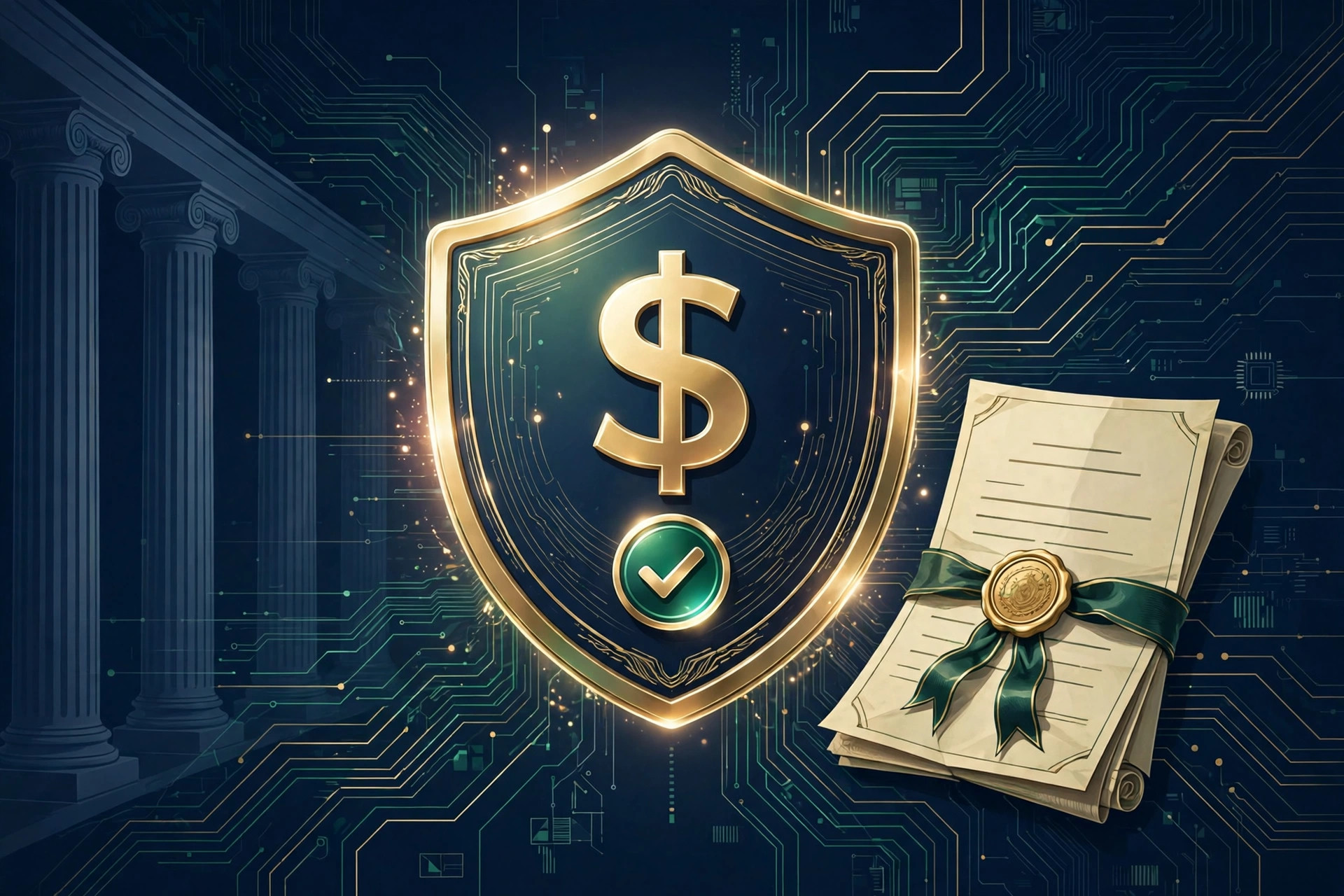 Gold dollar shield with a checkmark beside a sealed regulation document, illustrating new US stablecoin rules