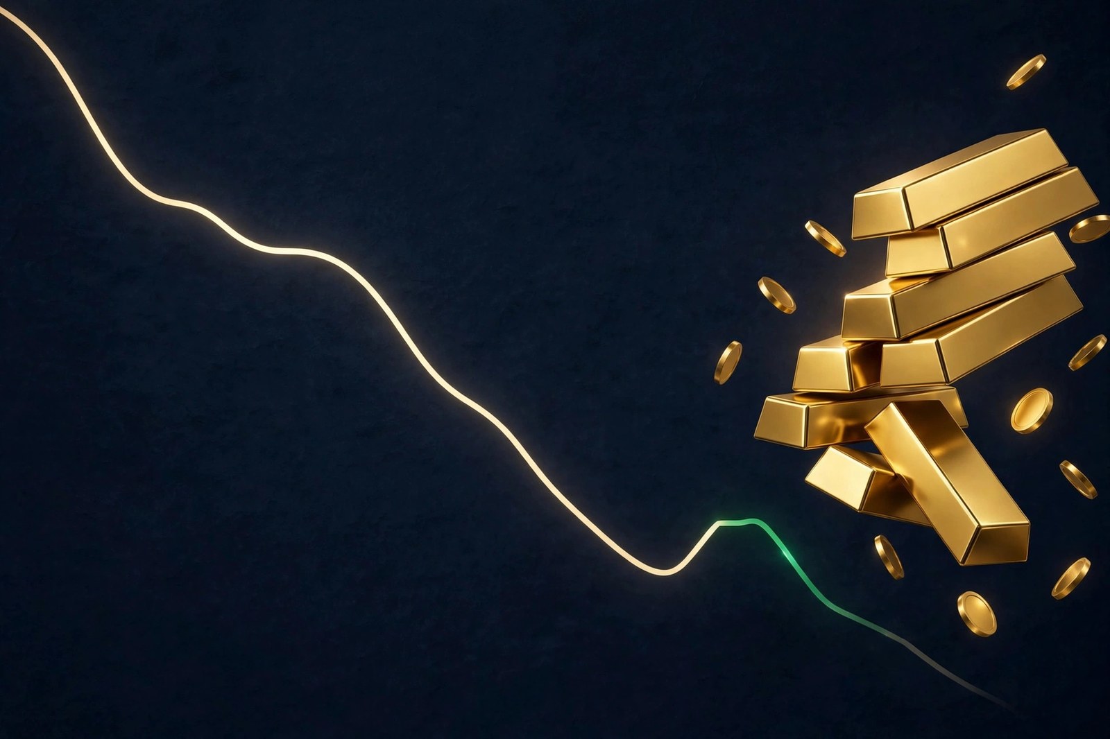 Gold bars tipping downward beside a falling chart line on a deep navy background