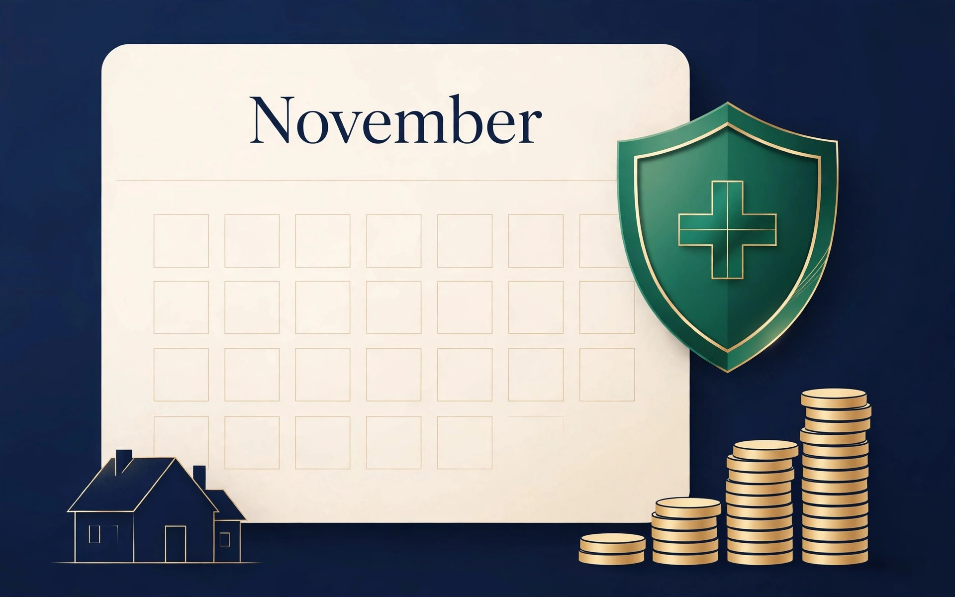 November calendar with a green health shield emblem, a house silhouette, and rising stacks of gold coins on deep navy.