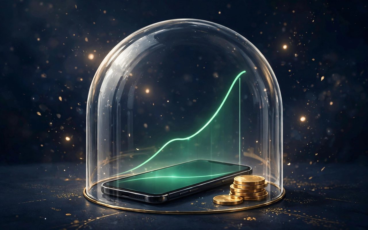 Editorial illustration: smartphone with a rising emerald growth curve under a glass dome beside gold coins on deep navy background