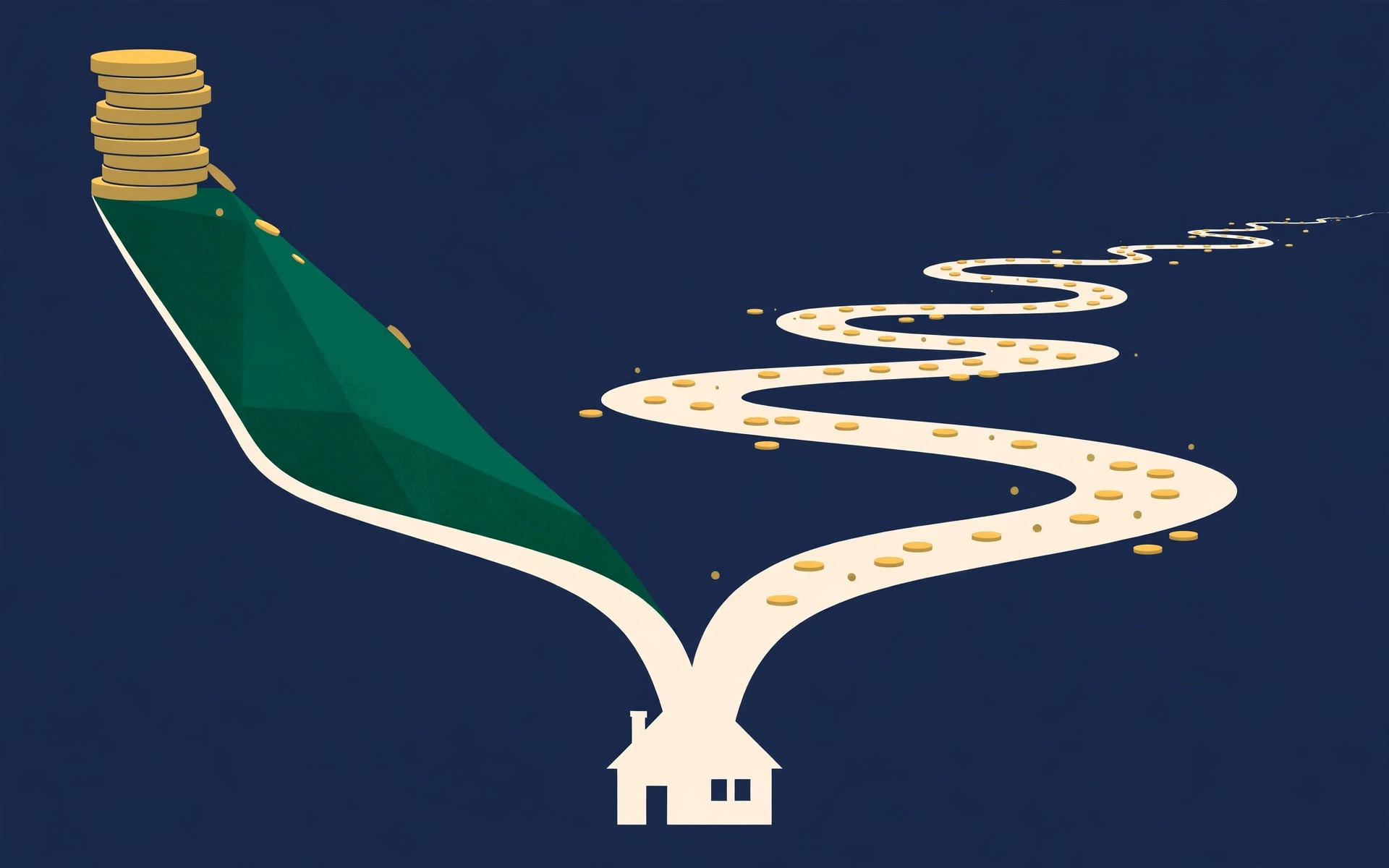 A fork in the road: a short steep path with a larger coin stack versus a long winding path with many small coins, above a small house