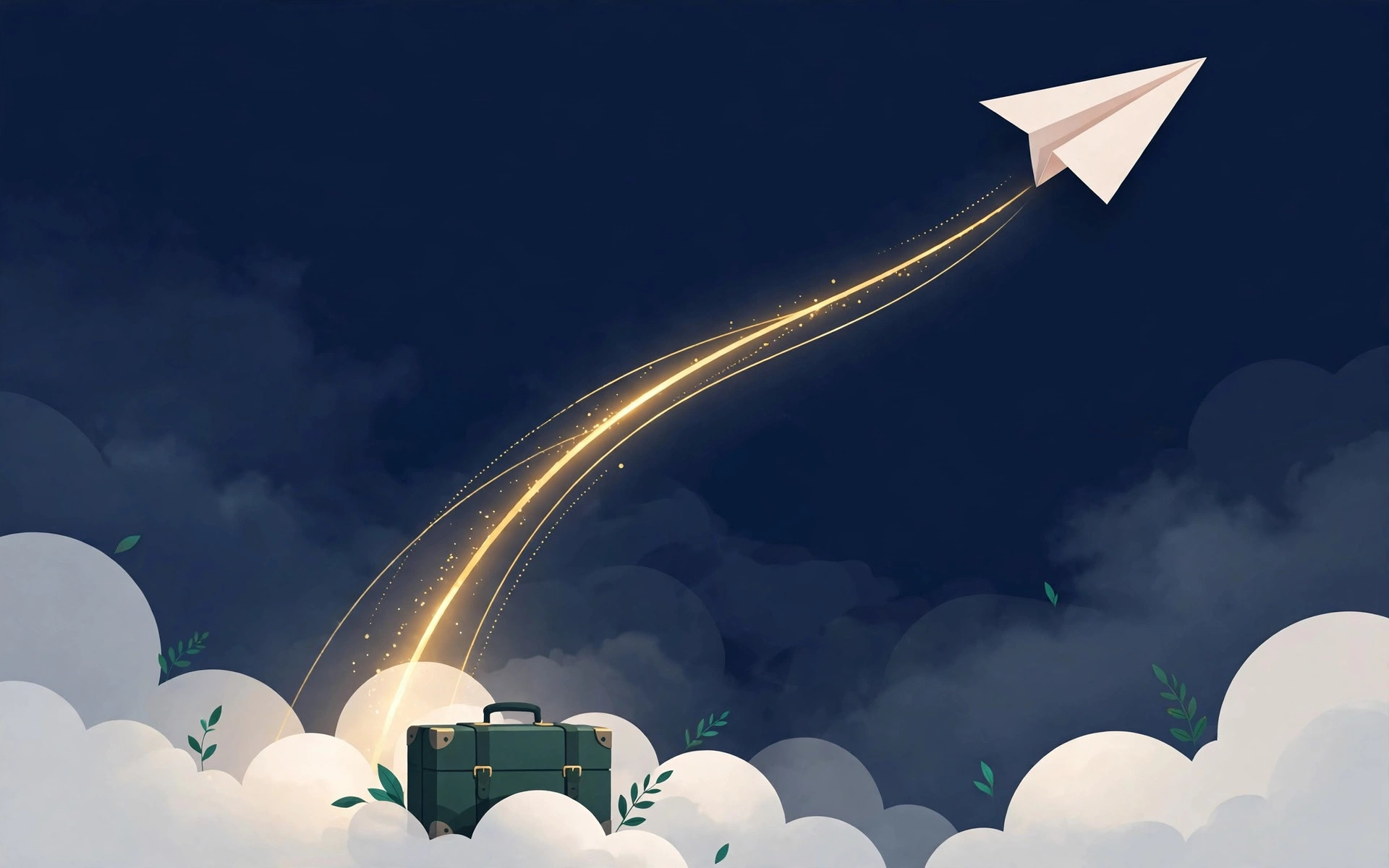 Paper airplane soaring along a golden arc above clouds, with a green suitcase below — soaring holiday airfares