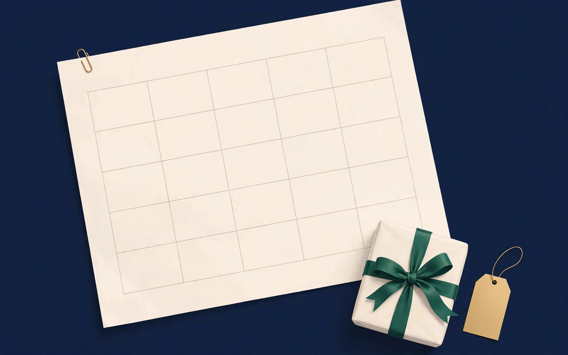 Illustration of a December calendar page with a gift box tied with an emerald ribbon and a blank gold gift tag
